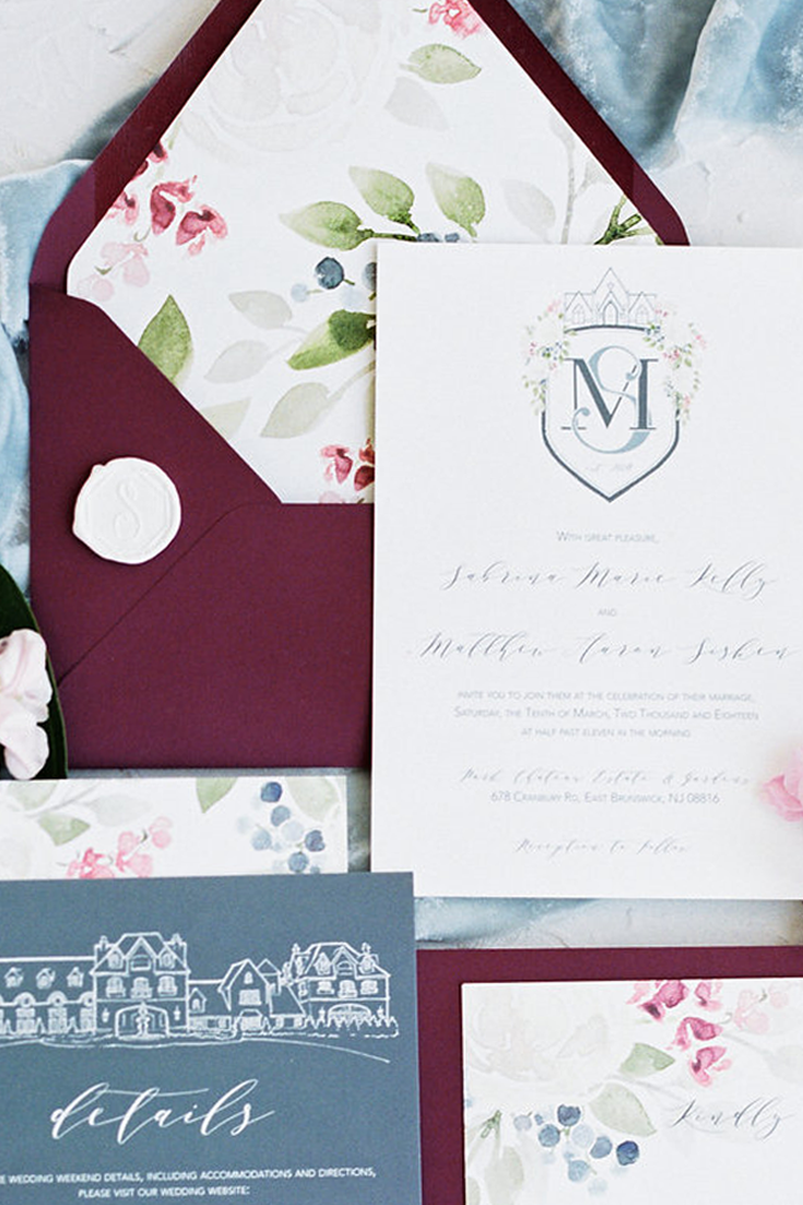 How to choose an envelope liner for your wedding invitations.  Tips and tricks from fine art stationer, Katrina of Blushed Design.  #weddinginvitations #envelopeliners #watercolorenvelopeliner