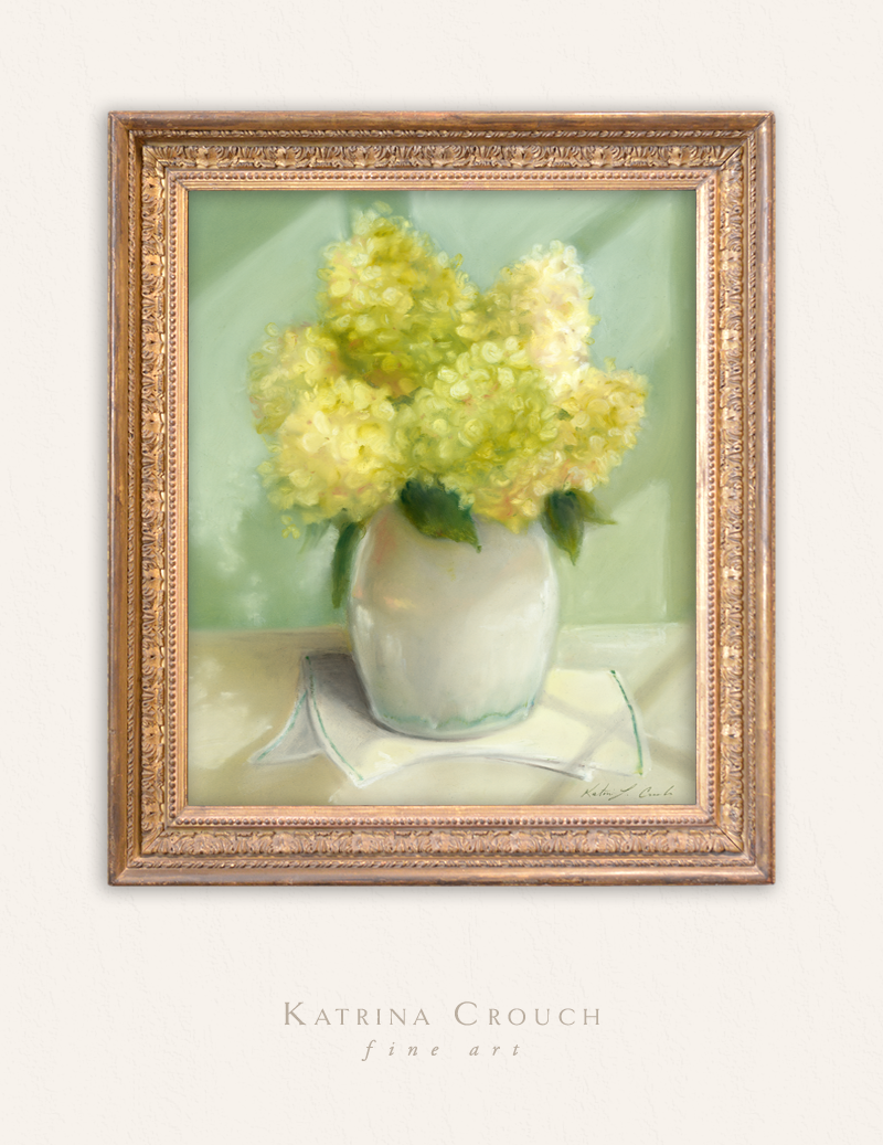 Cheerful Hydrangeas Vase Still Life - Fine Art Print