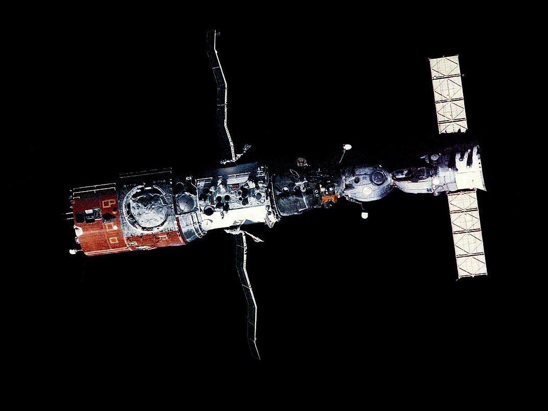 A Soyuz is seen docked to the first multi-docking port space station, Salyut 6, in the late 1970s. Photo Credit: Roscosmos