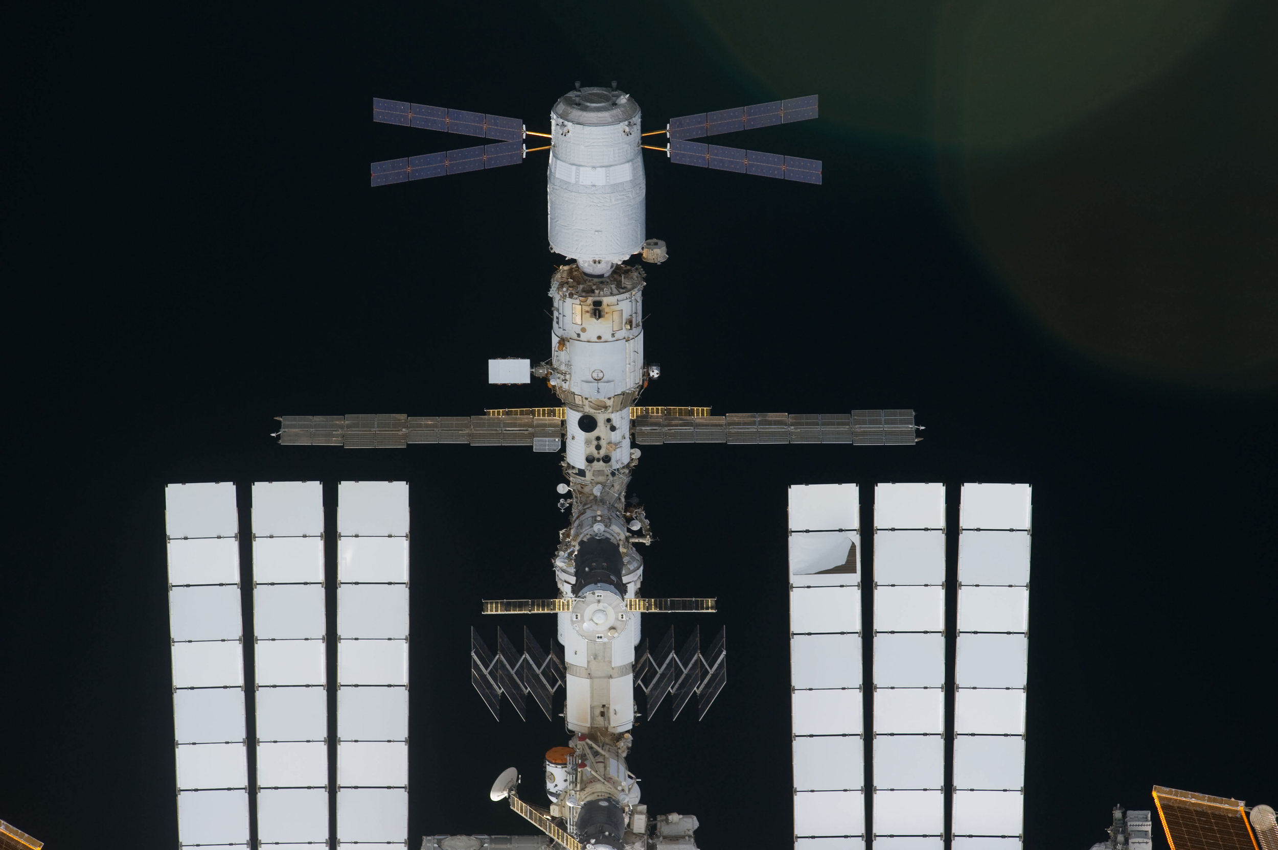 A view of the Russian Orbital Segment outpost with ATV docked. Photo Credit: NASA