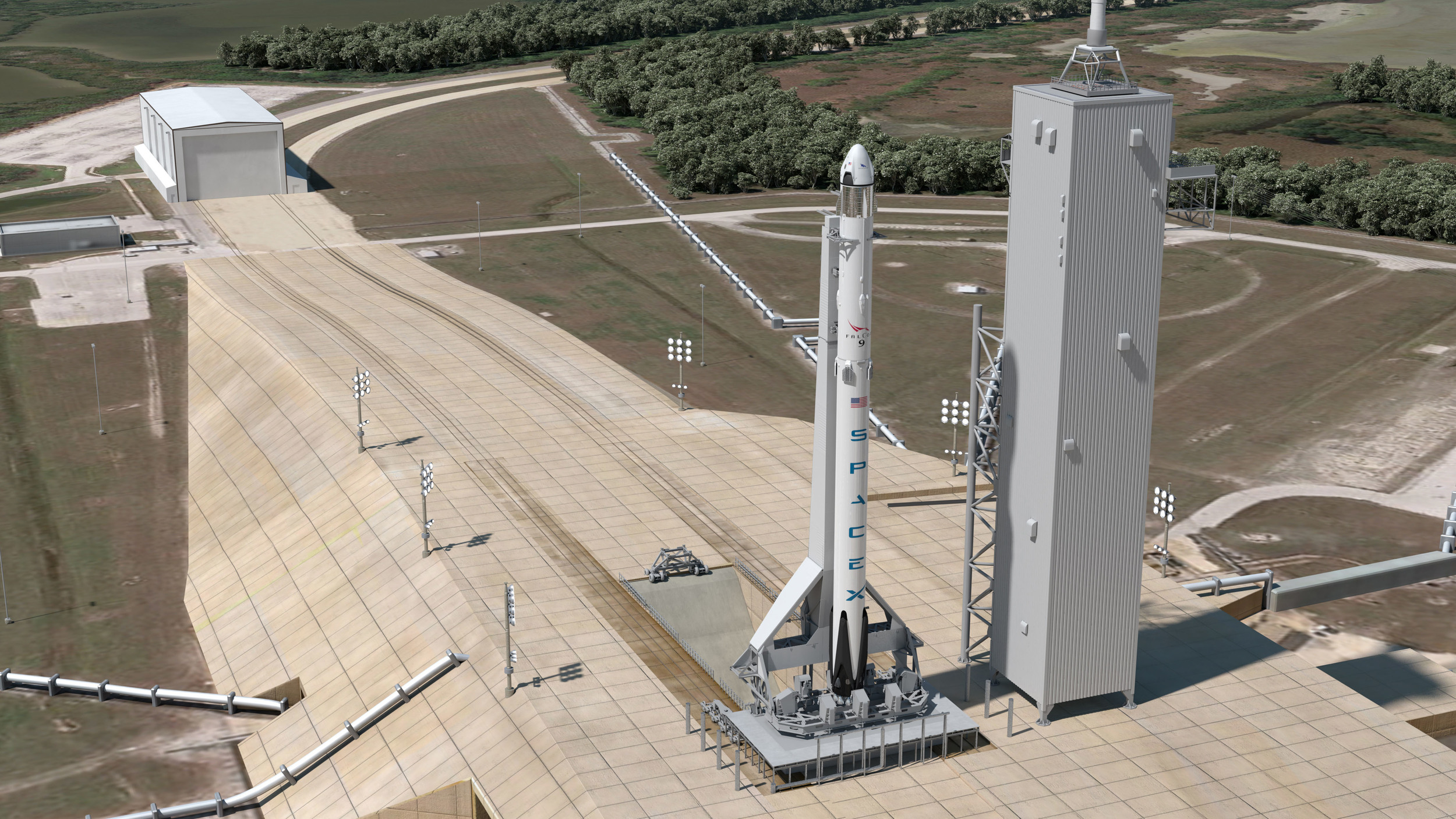  An artist's rendering of Crew Dragon atop a Falcon 9 at Launch Complex 39A. Image Credit: SpaceX 