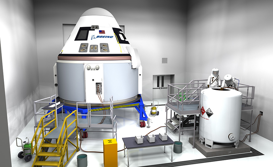  An artist's rendering of a CST-100 being processed prior to launch. Image Credit: Boeing 