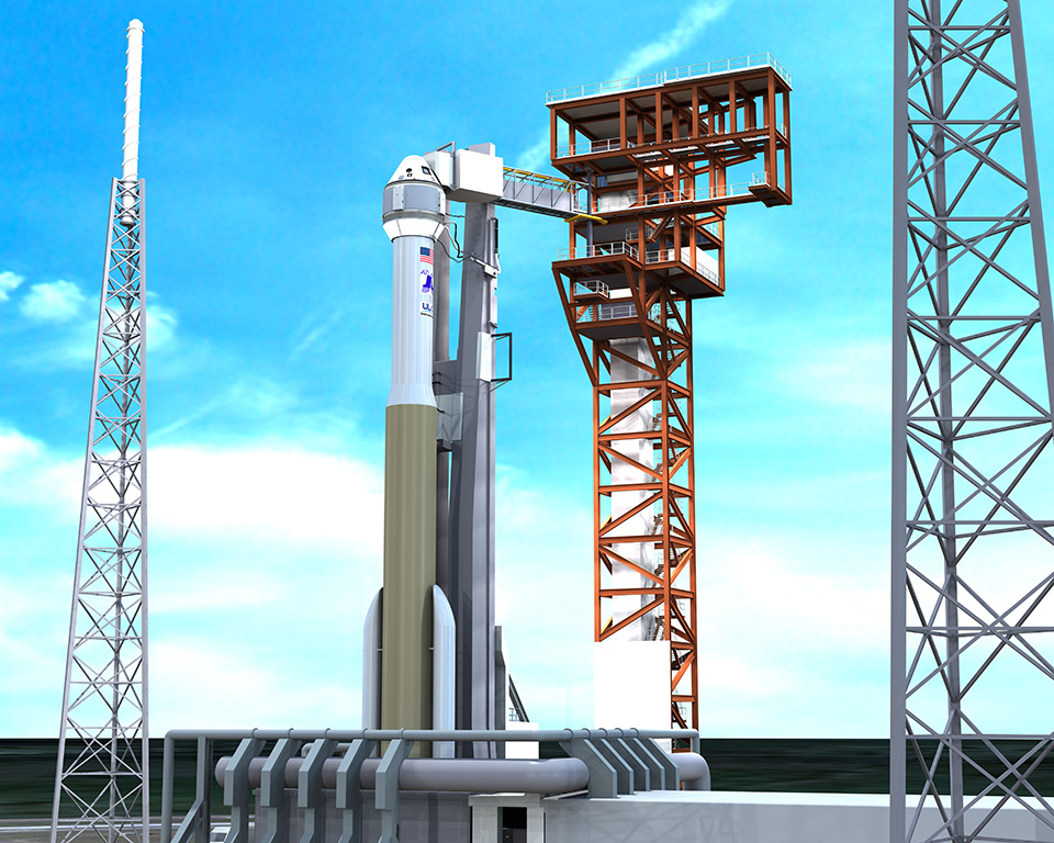  An artist's rendering of CST-100 atop an Atlas V and Launch Complex 41 in Florida. Image Credit: Boeing 