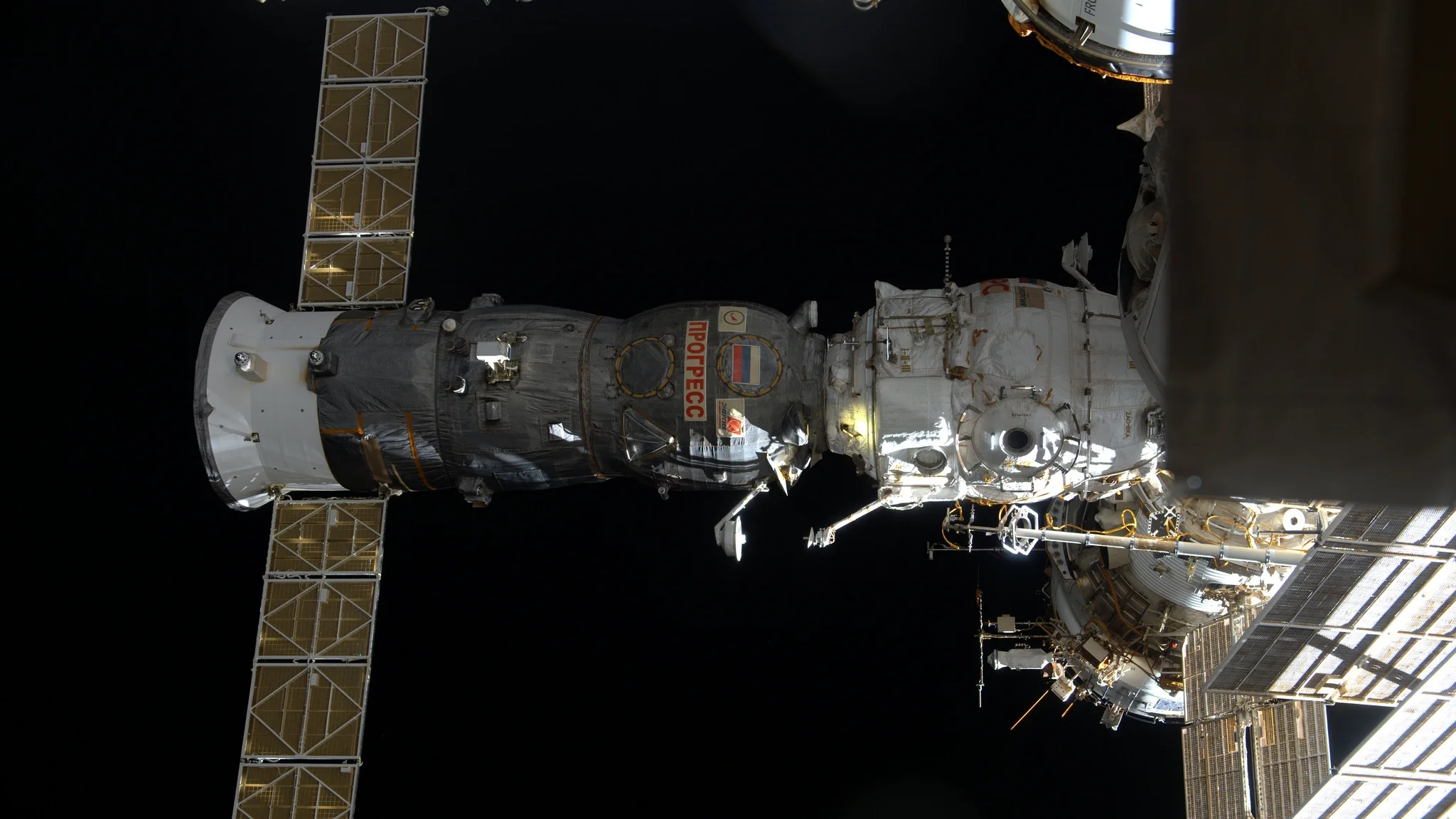 A file photo of a previous Progress spacecraft docked with the Pirs module. Photo Credit: NASA