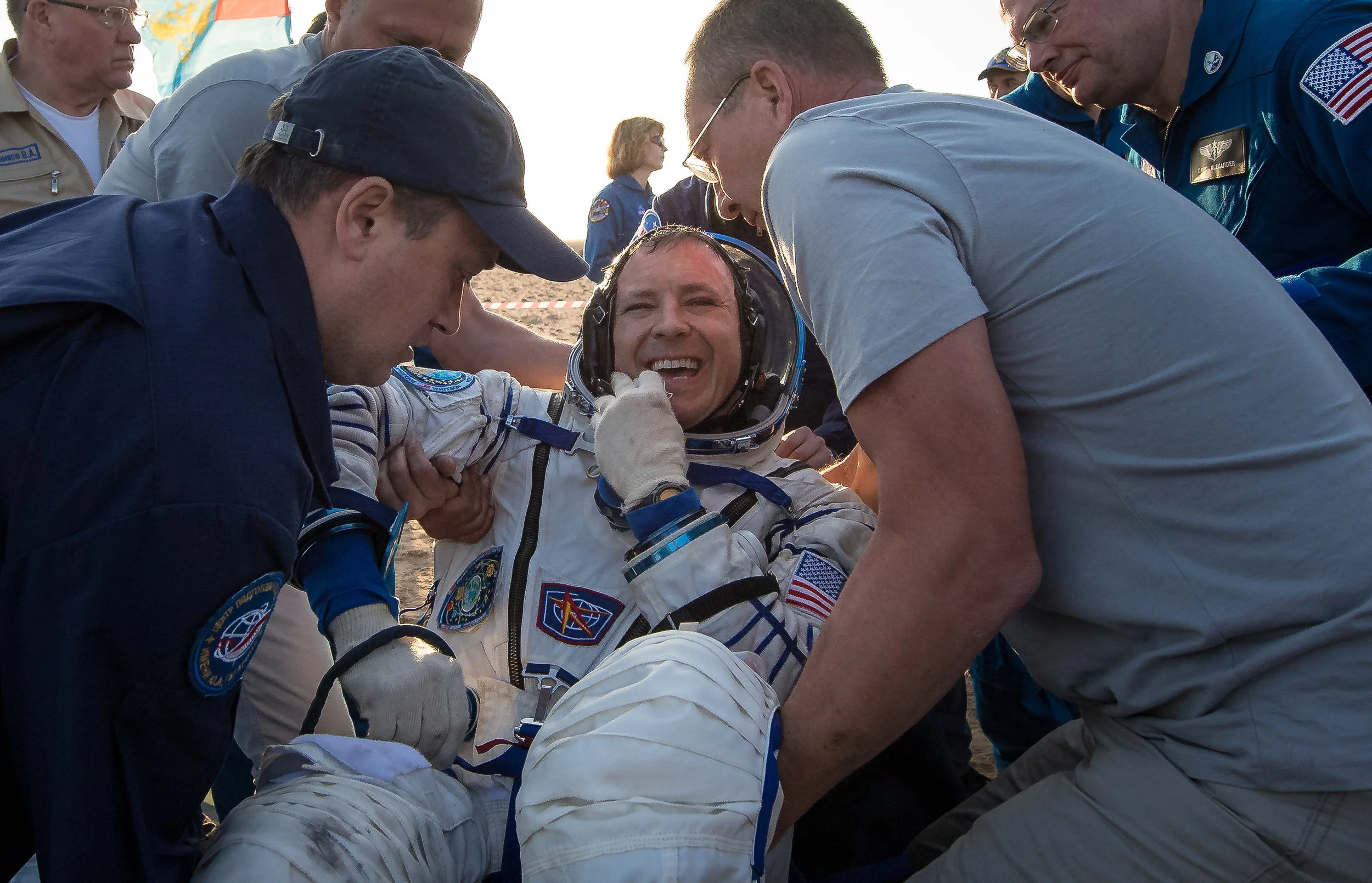 Jack Fischer was the second to be helped out of the Soyuz after landing. Photo Credit: Bill Ingalls / NASA