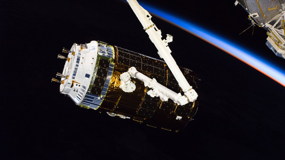  Following capture, Kounotori 7 is maneuvered to the Earth-facing port of the Harmony module for installation. Credit: NASA. 