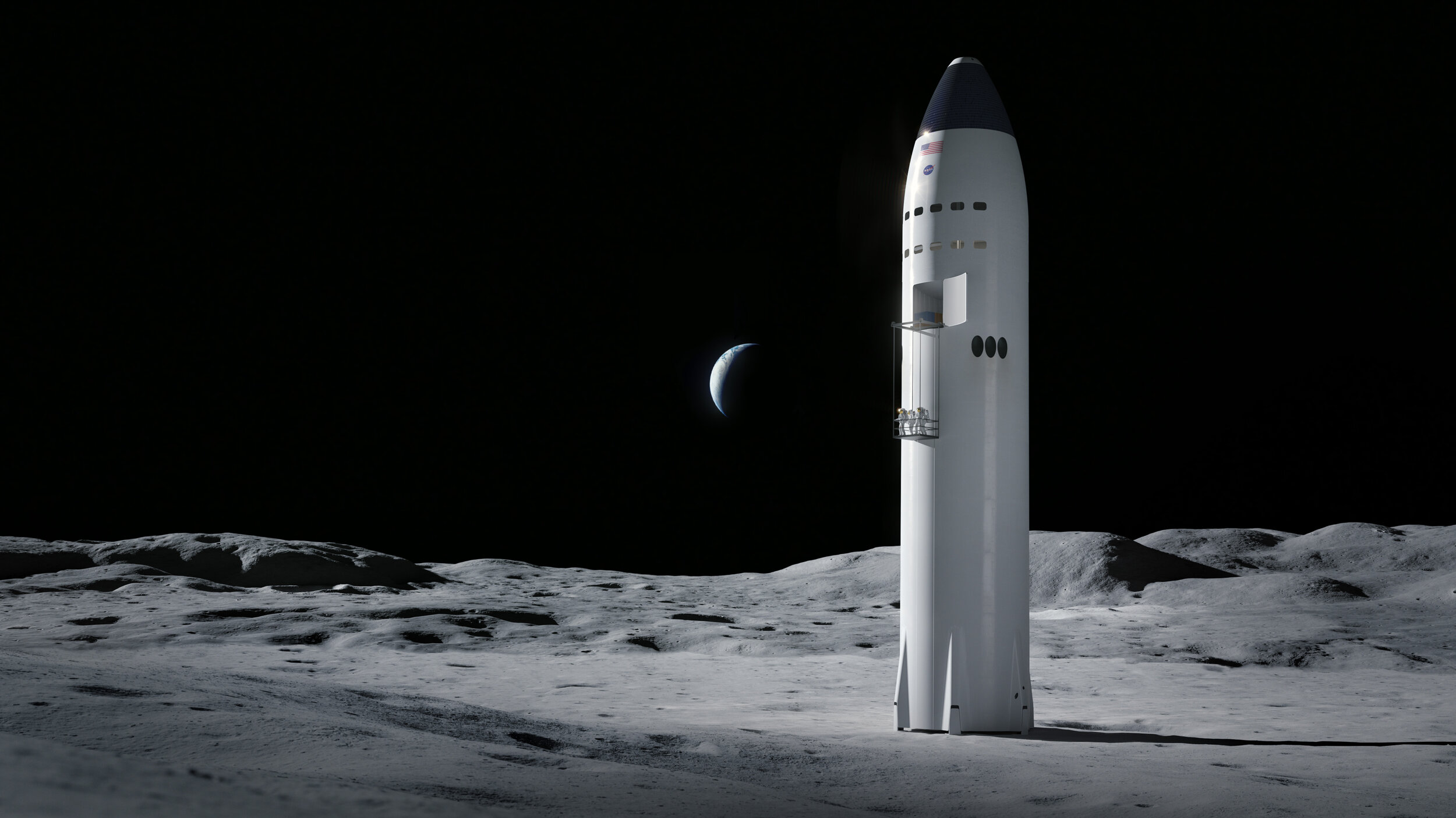 An illustration of SpaceX’s Starship landed on the Moon with astronauts using an elevator to get to the surface. Credit: SpaceX 