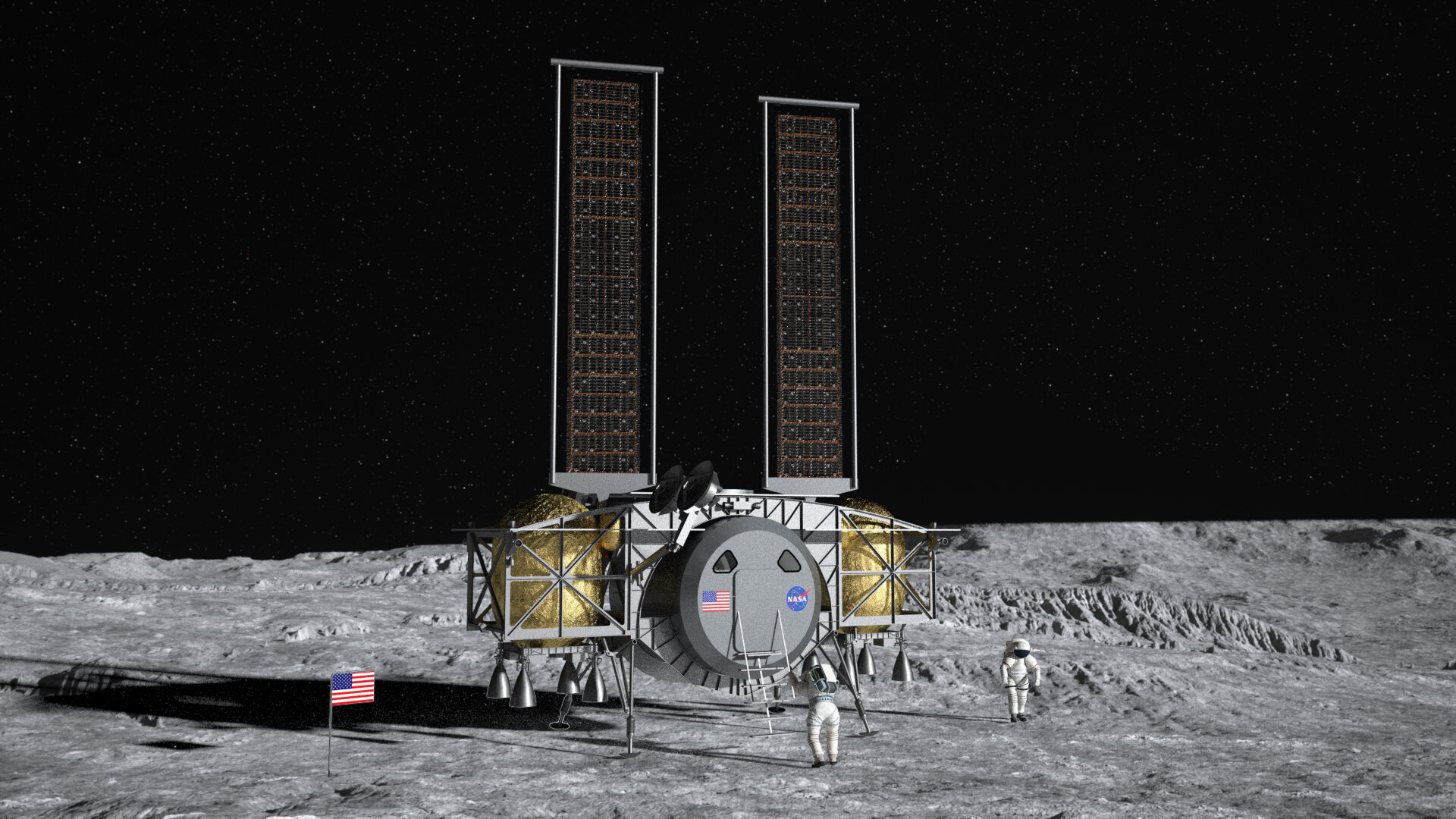  An illustration of the Dynetics Human Landing System on the surface of the Moon. Credit: Dynetics 