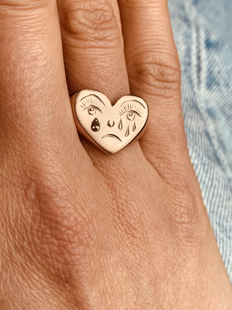Heart Signet Crying Heart Ring Sterling Silver Crying Heart Face