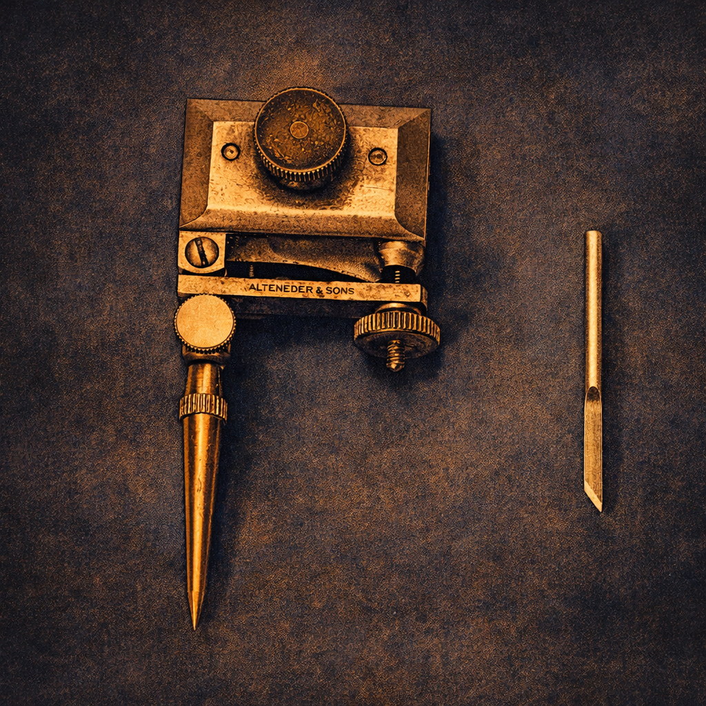 Close-up photograph of a metal beam compass with adjustable clamp mechanism and a separate pointed attachment on a plain background.