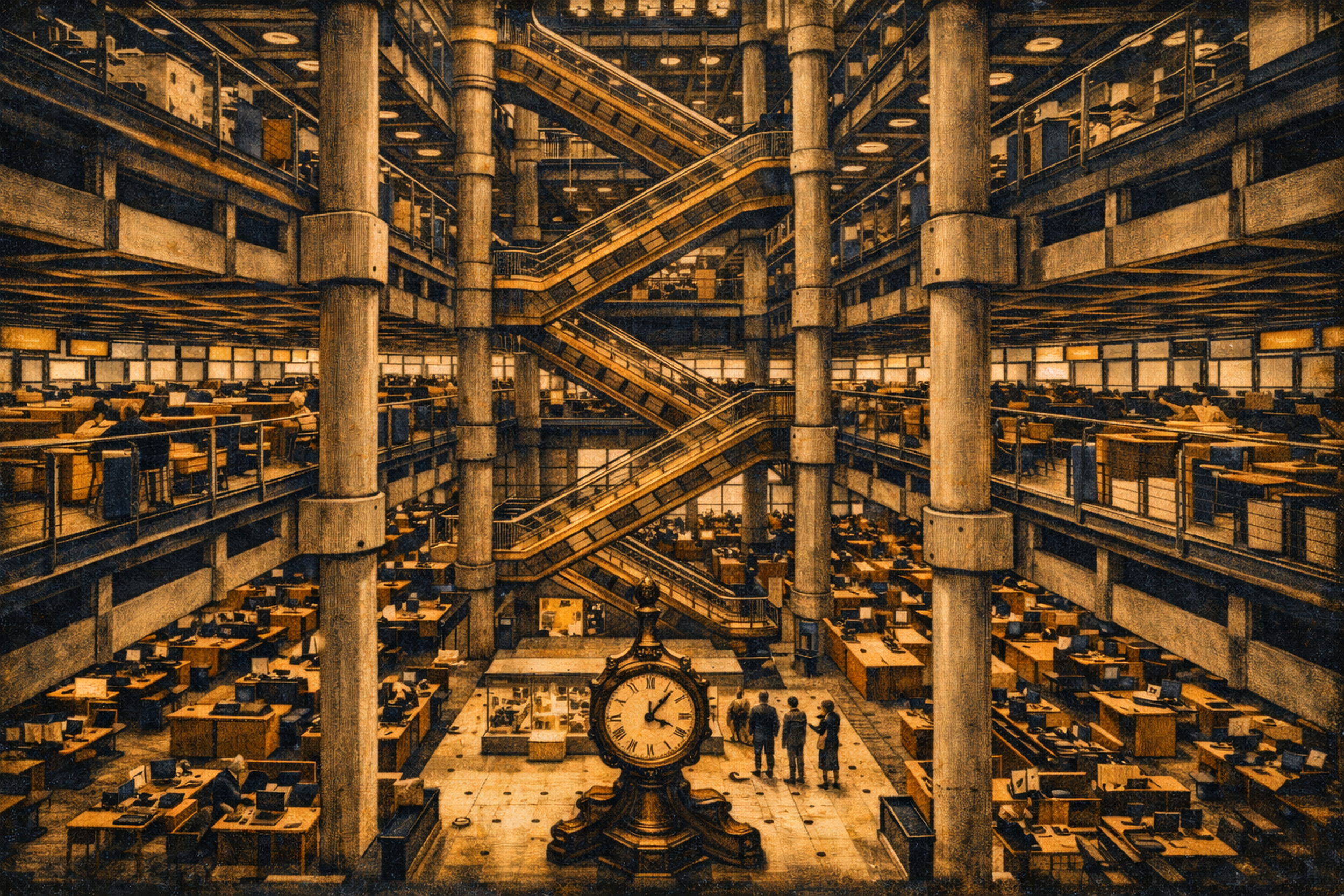 Lloyd's of London underwriting room viewed from above, showing underwriting boxes across multiple gallery levels with the Lutine Bell clock in the foreground.