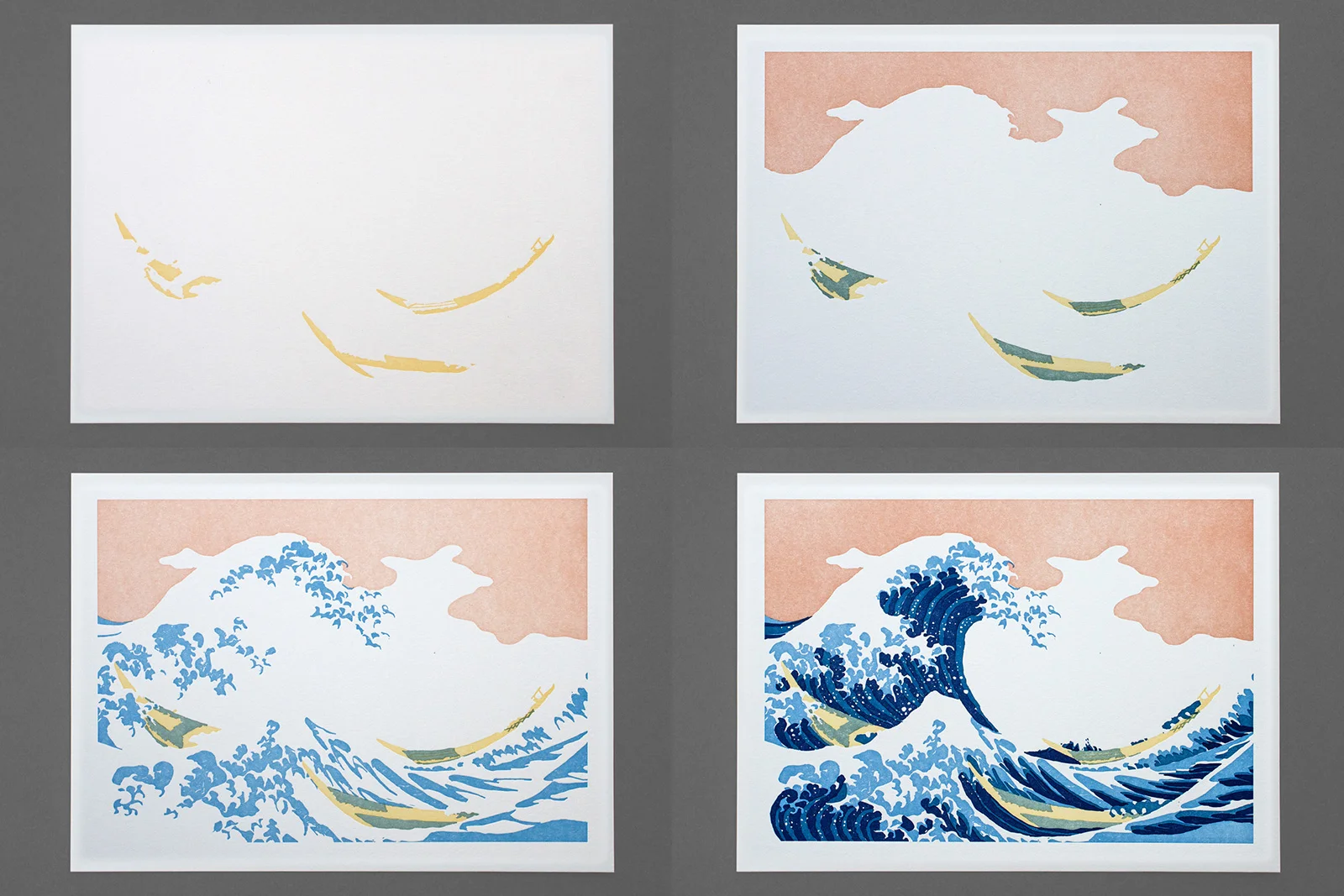 Four frames showing the build up of colours to create the final print.