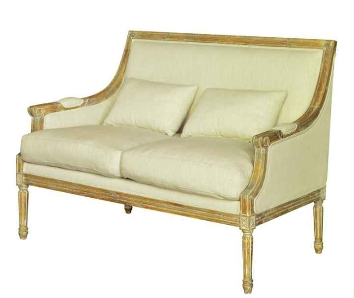  Reproduction French Settee covered in an off white durable fabric with a whitewashed finish to the frame. Great details and comfortable! - CAN ORDER 