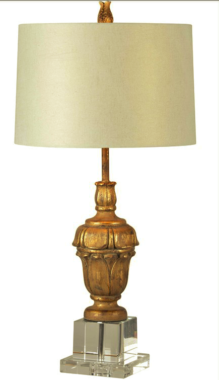 Urn style gold wood lamp on acrylic block base. CAN ORDER