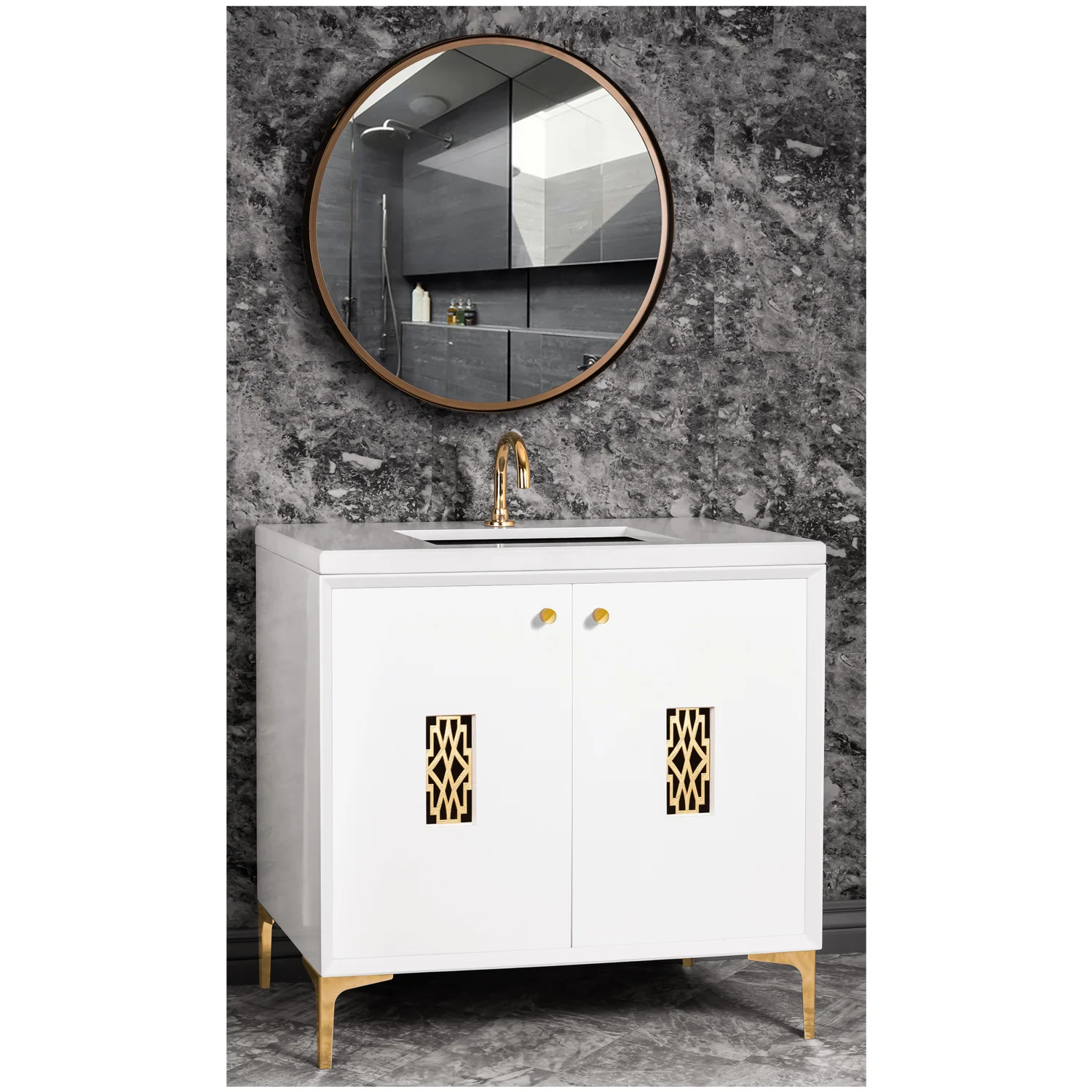 VAN36W-011 36" White Frame with Deco - Shown with PB (Polished Brass)