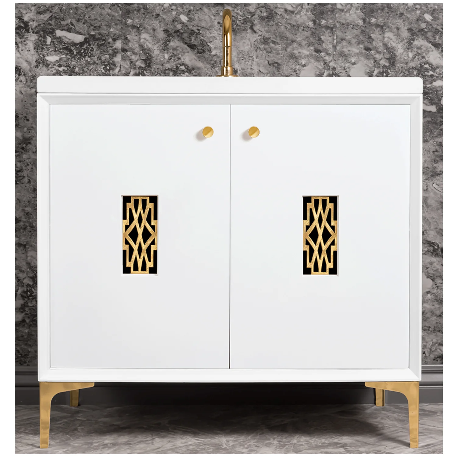 VAN36W-011 36" White Frame with Deco - Shown with PB (Polished Brass)