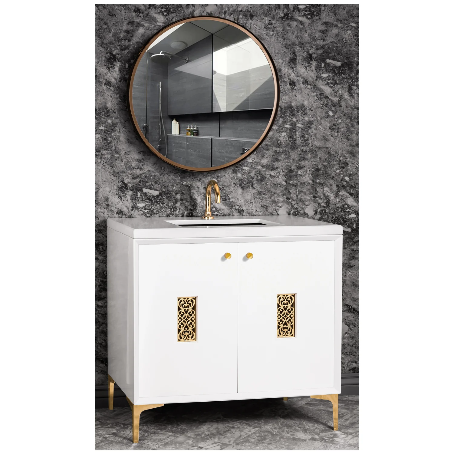 VAN36W-012 36" White Frame with Filigree - Shown with PB (Polished Brass)