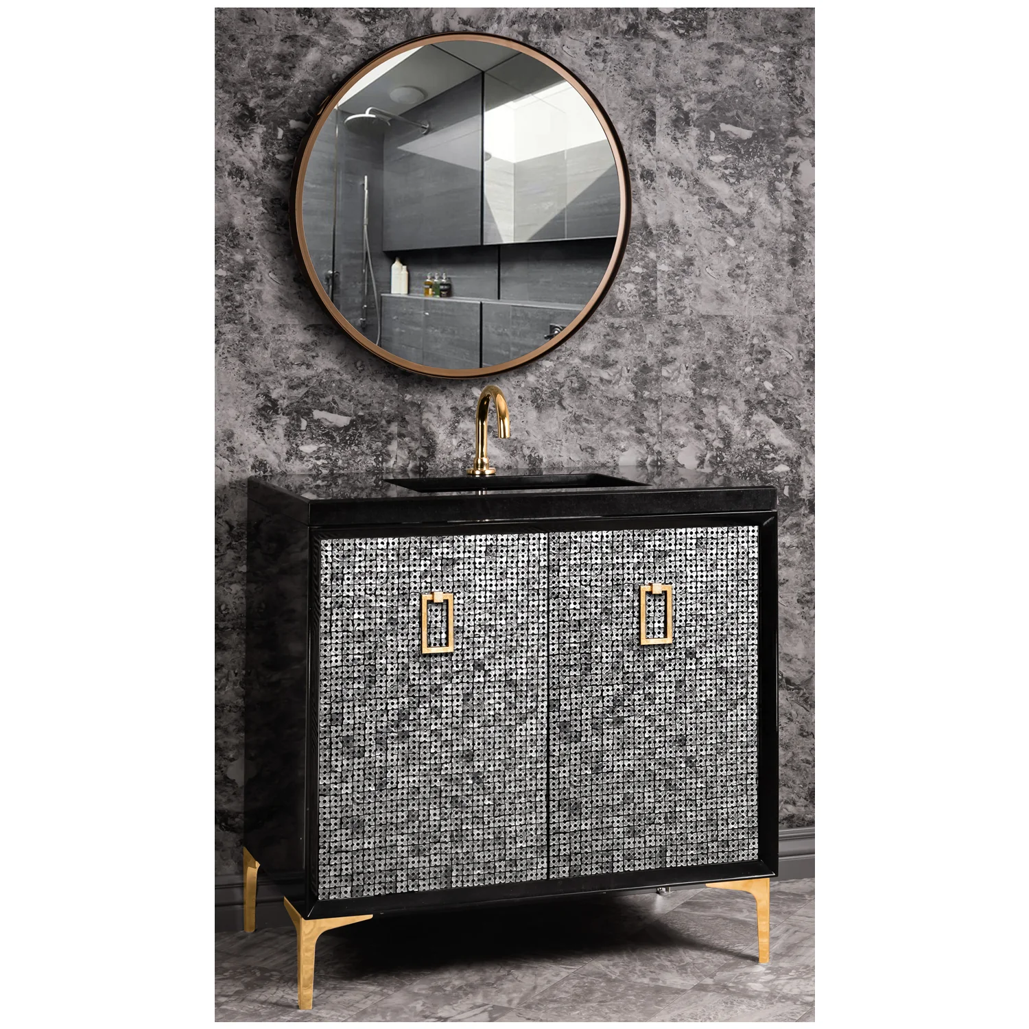 VAN36B-007 36" Black Mother of Pearl with Coach - Shown with PB (Polished Brass)