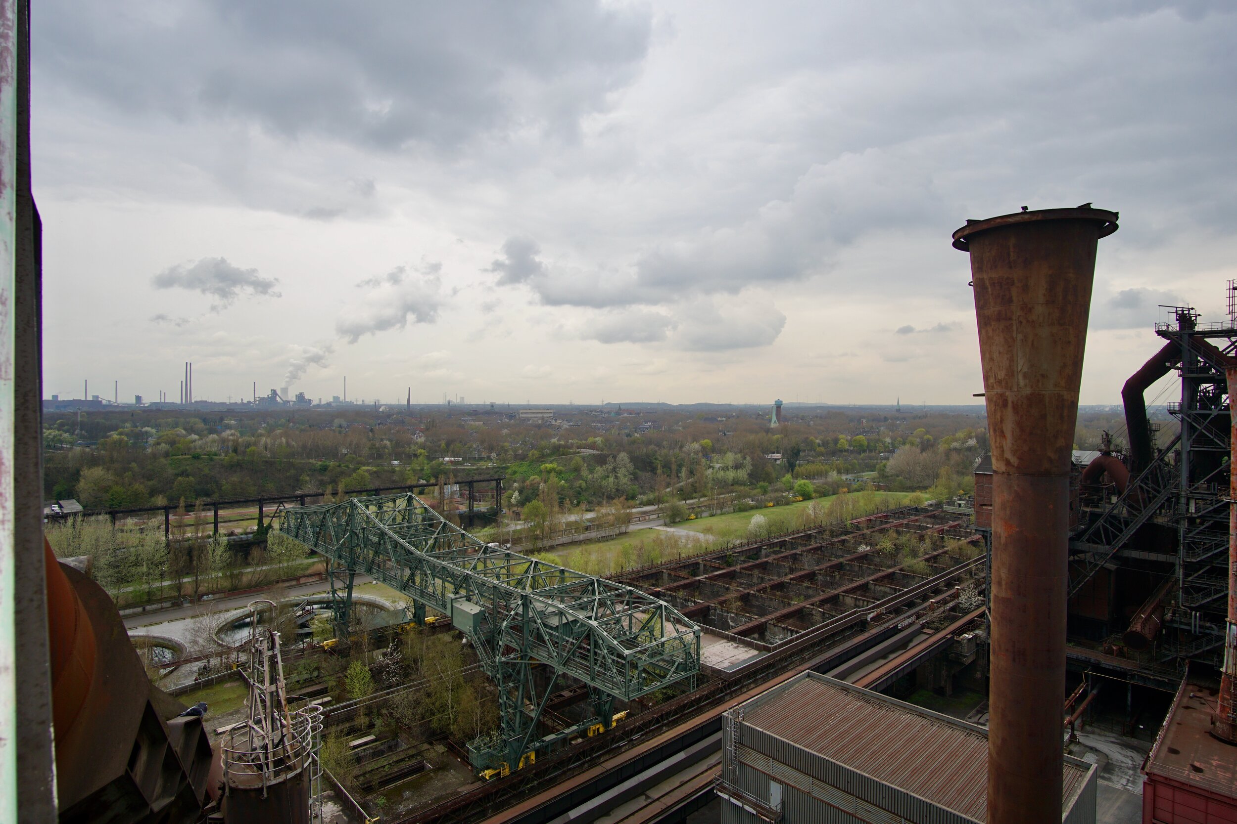  A view of the Ruhr Valley region from atop a blast furnace in Landschaftspark (Landscape Park). Duisburg-Nord, Germany. 