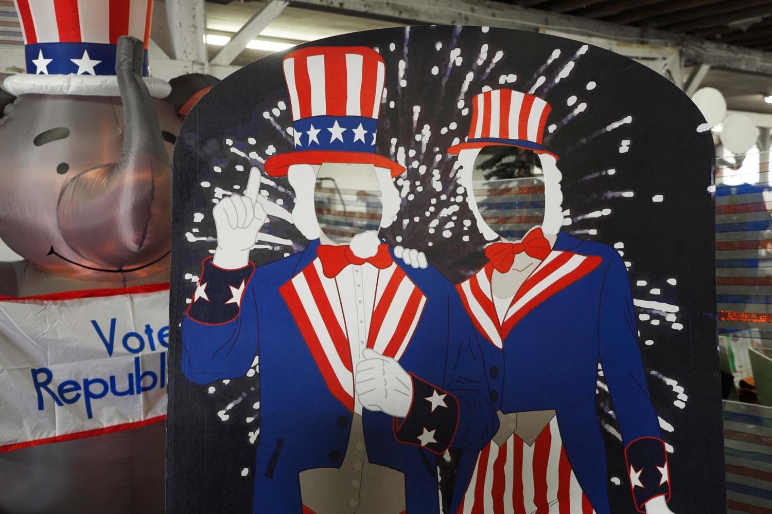  Patriotic figures painted on wood for photo purposes. Vote Republican sign adjacent. Knox County Fair. Knoxville, IL. July, 2016 