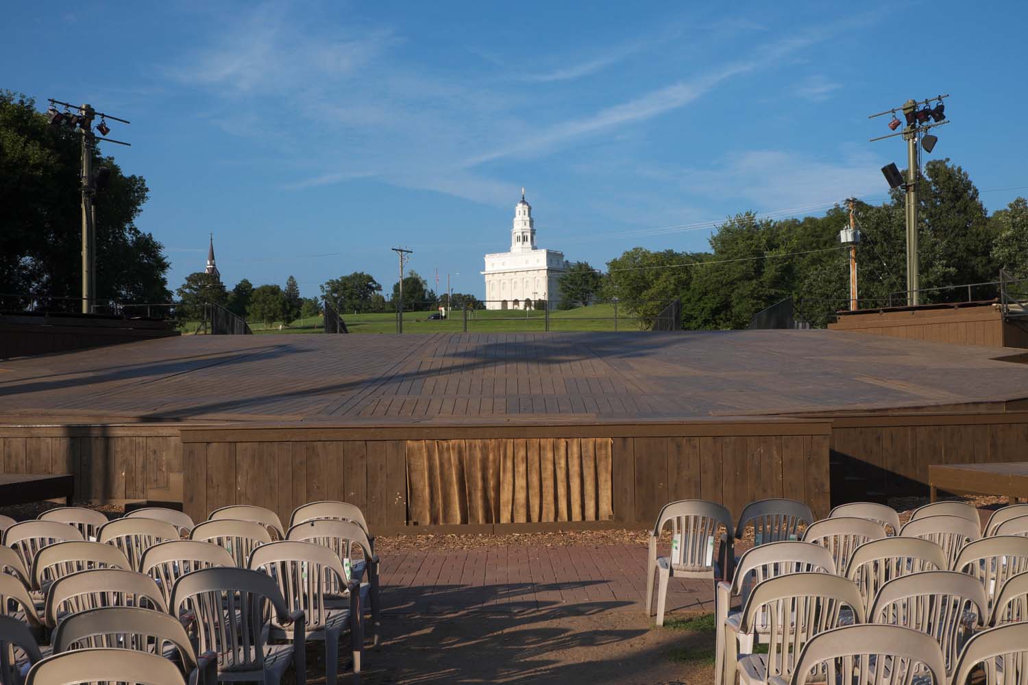  Stage and chairs with Nauvoo Illinois Temple in background.  Nauvoo, IL. July, 2016 