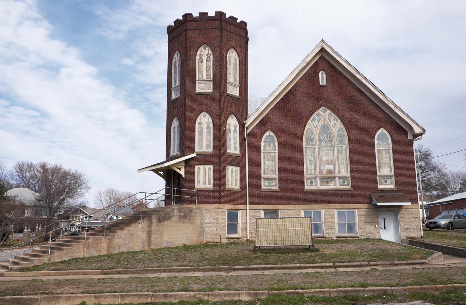  Red brick church with Gothic inspired octagon tower, no longer open. Dallas City, IL March, 2016 