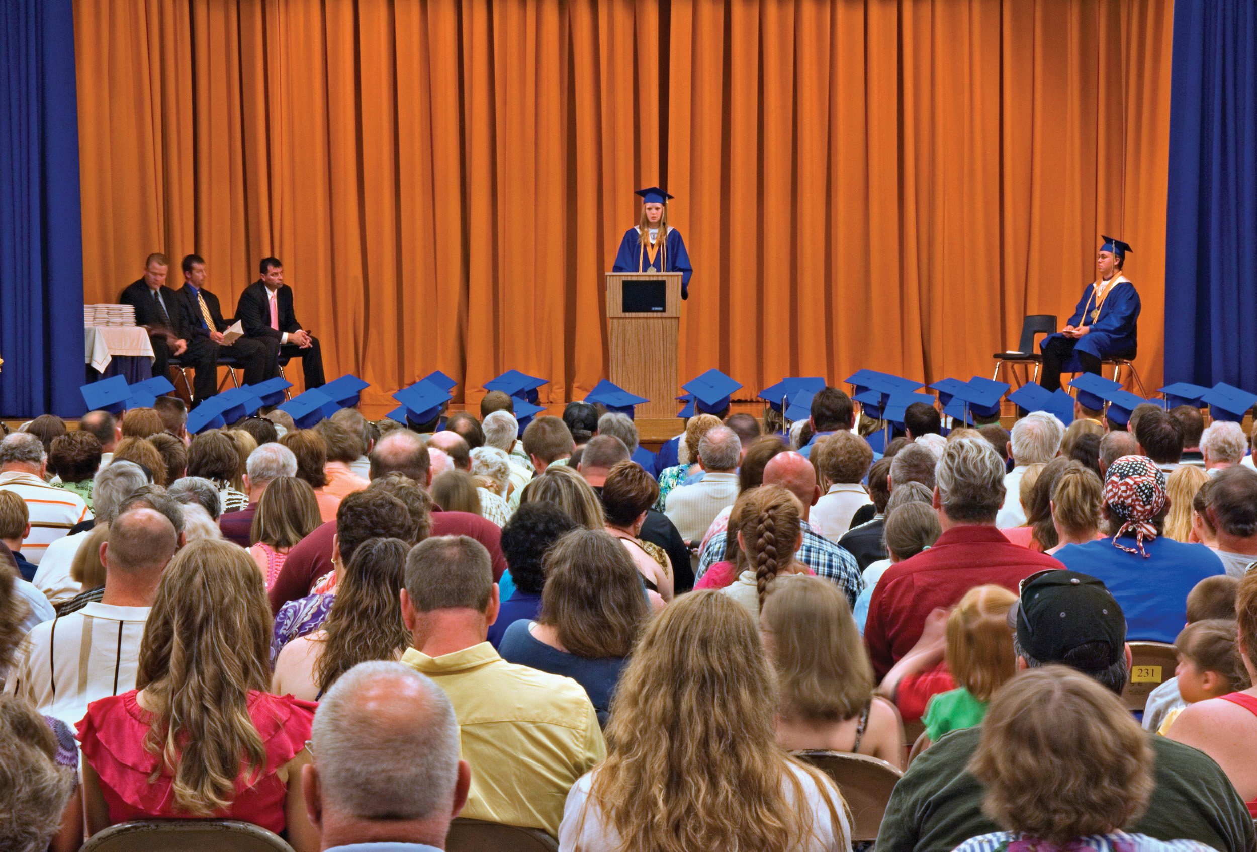  Stage and attendees at the Southeastern High School graduation event. Augusta, IL. May, 2010 