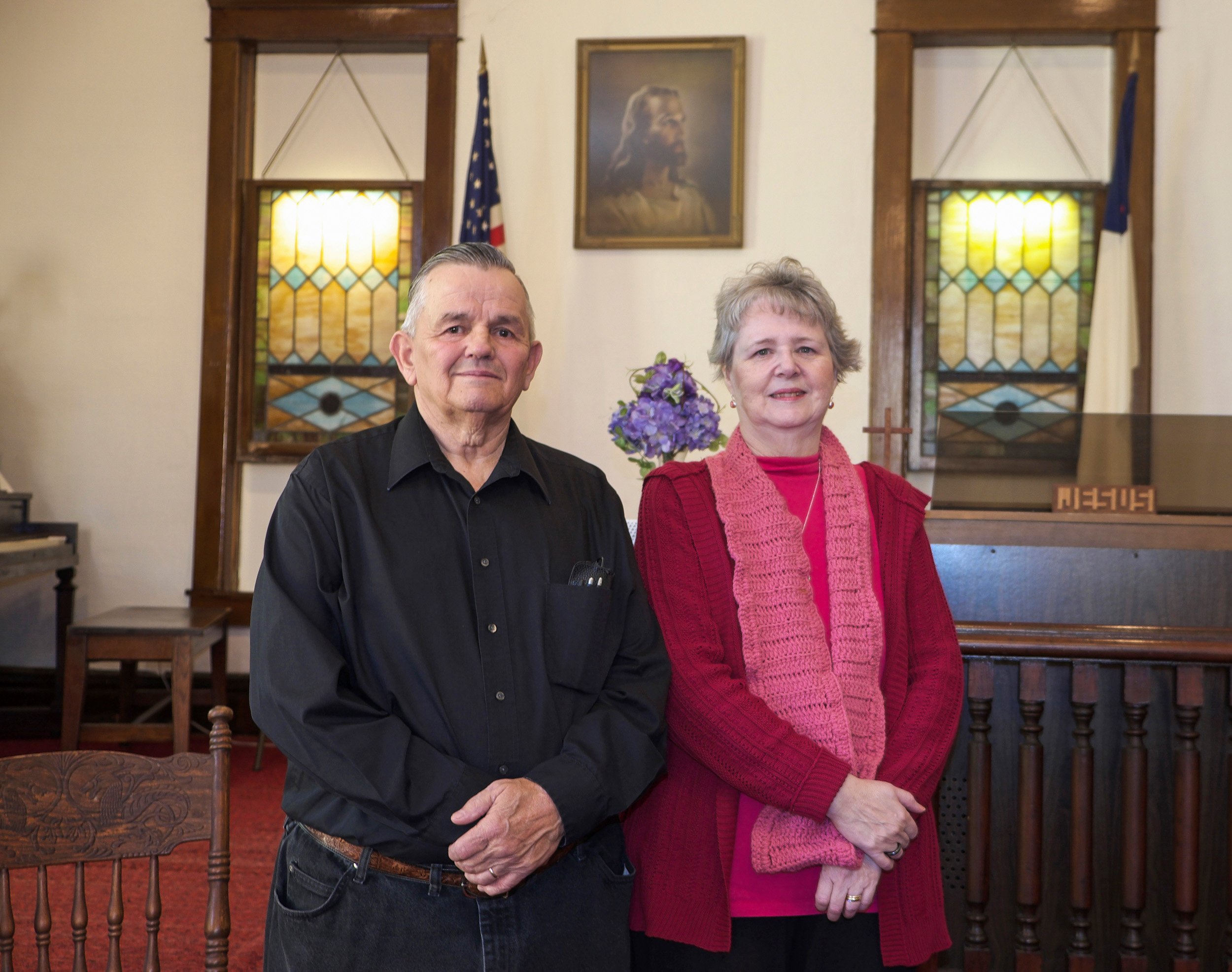  Mr. and Mrs. Wayne Rankin inside the Westpoint Christian Church. Wayne was the minister and Mrs. Rankin played the piano. West Point, IL. January, 2016 