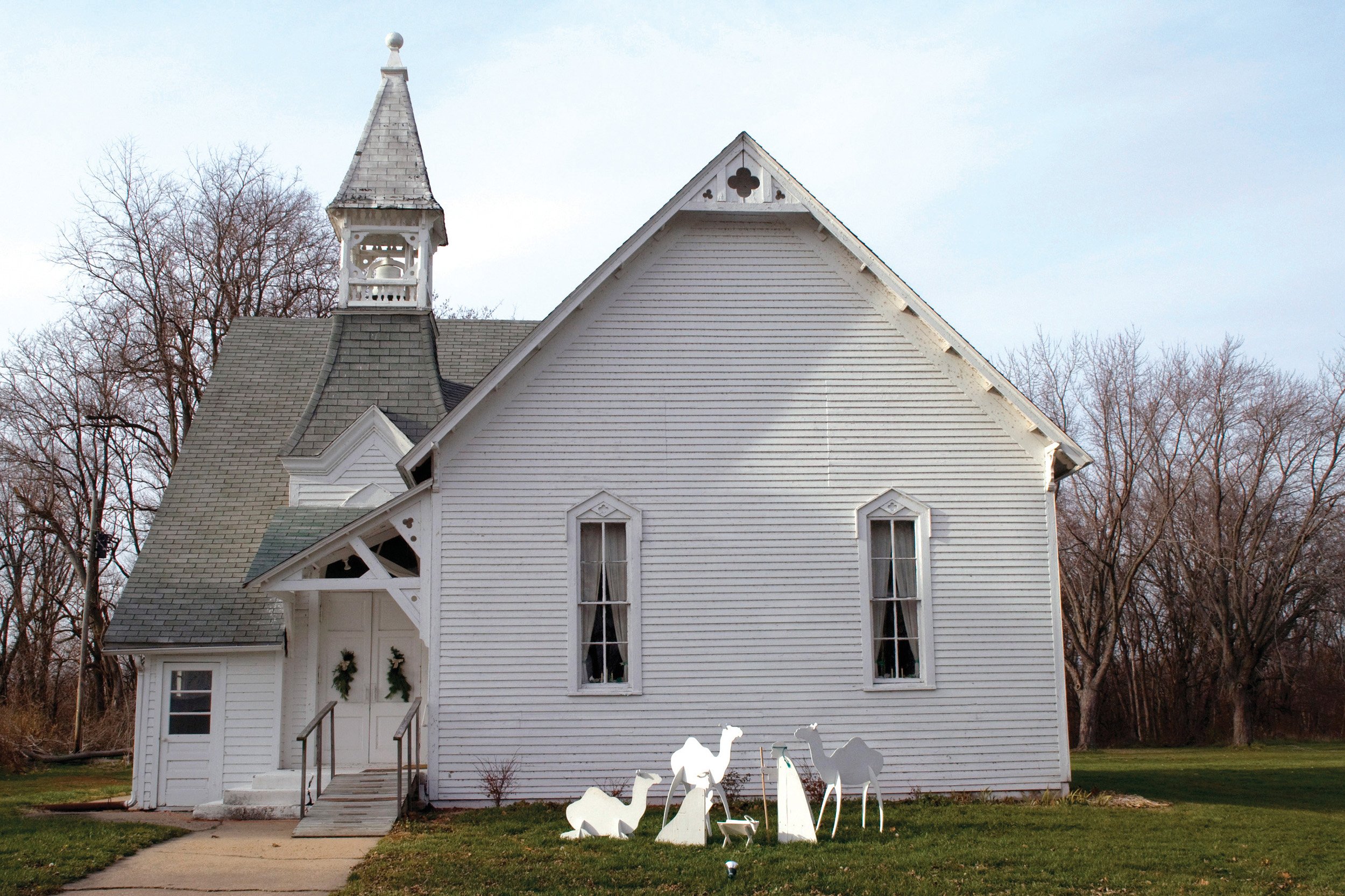  Exterior view of the Methodist Church at Christmas. Brooklyn, IL. Dec. 2012 