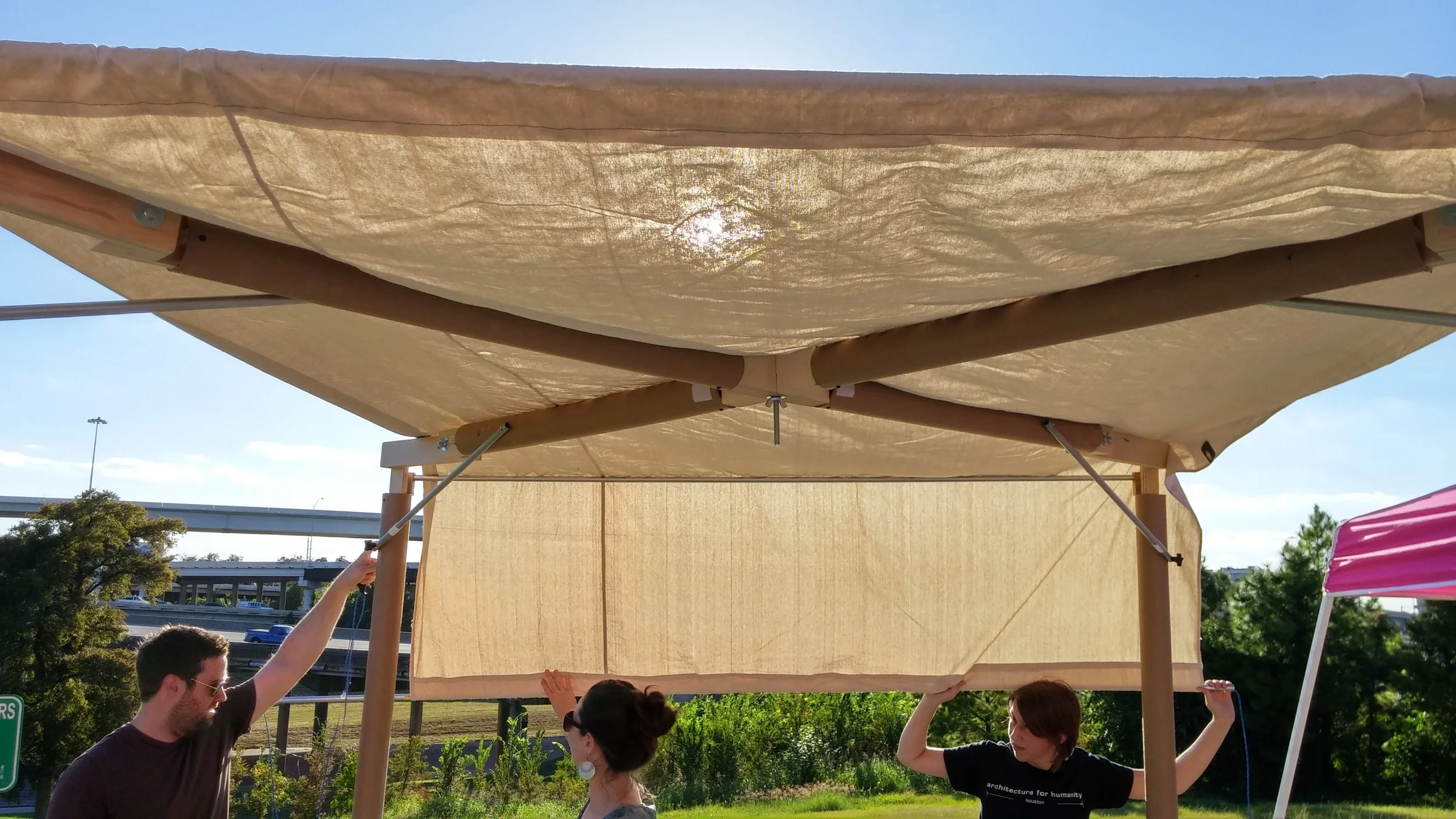 The tent: Cardboad tubes and assembly wood pieces