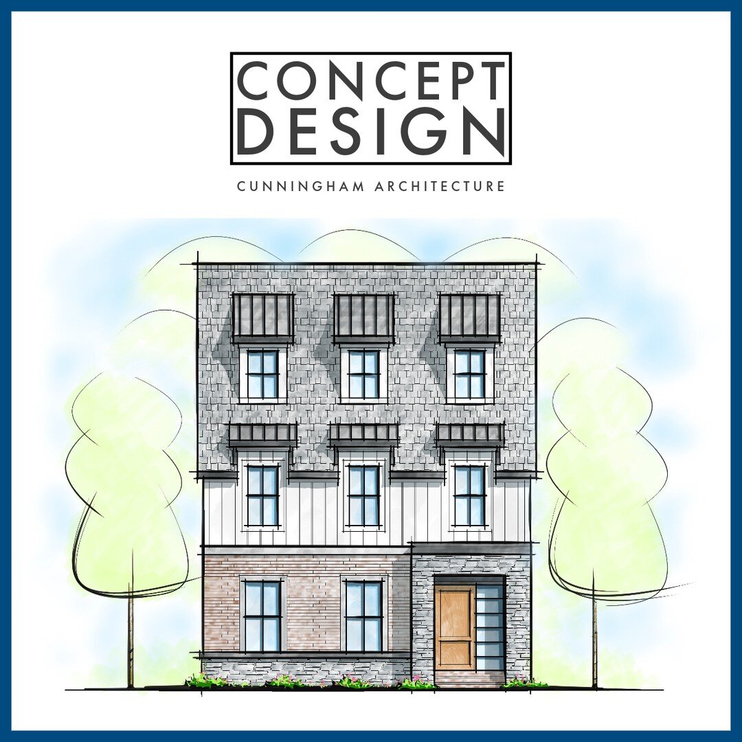 CONCEPT DESIGN ✨ This concept design features symmetrical front facade windows. The top level is shed dormers with standing seam metal roof. Traditional building materials of brick, stone, and shingles are in contrast to the offset stone-framed minim
