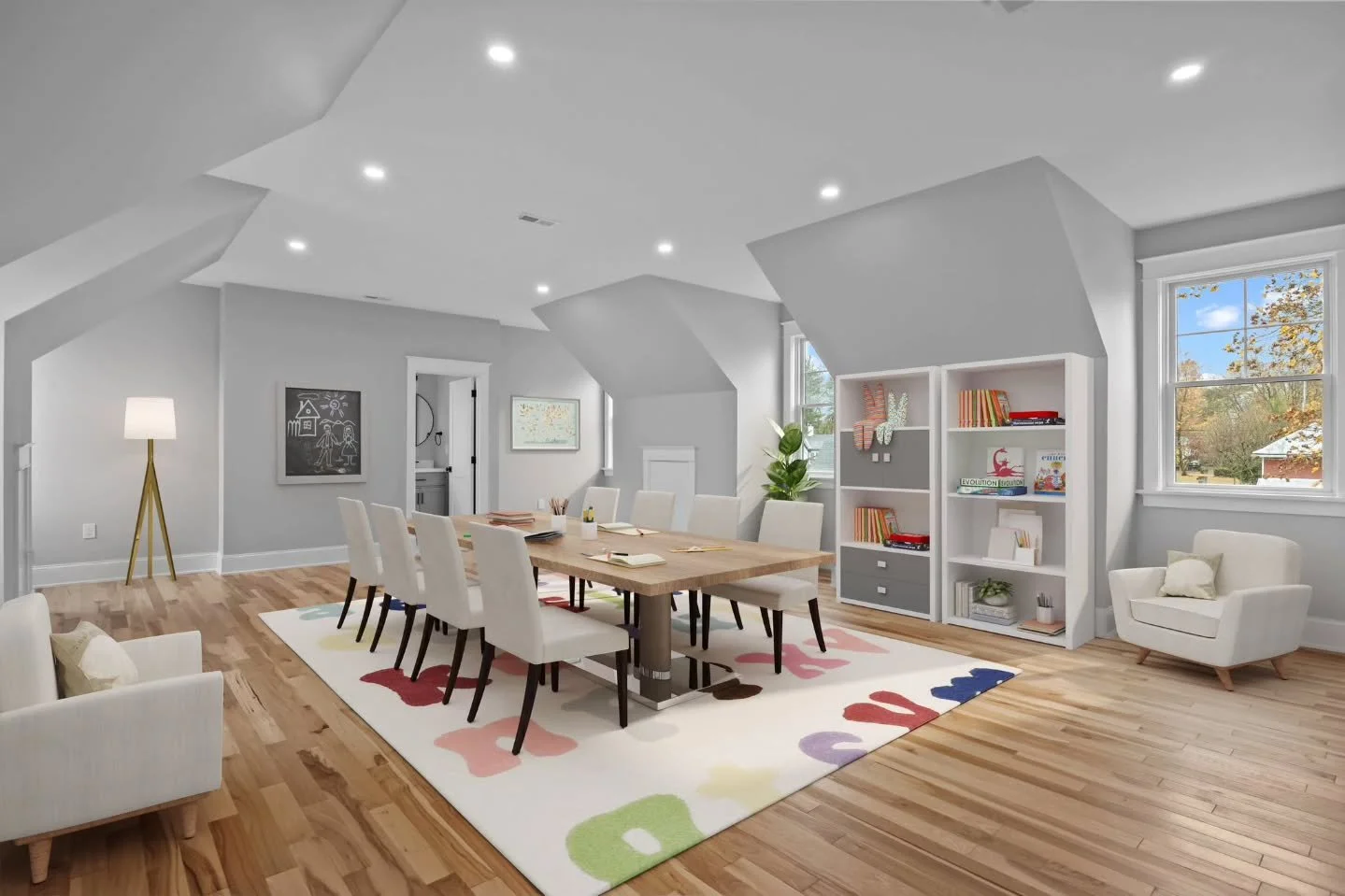 Crafting a home that suits you and your lifestyle is what we do. For this custom home, a dedicated homeschool room was a priority for the homeowners. The space above the garage bacame its location with plenty of natural light, abundant storage, a ful