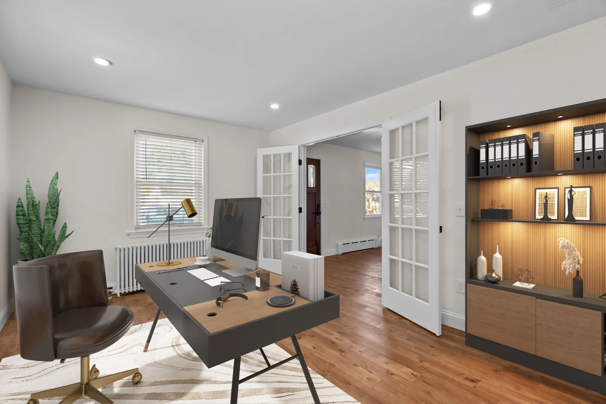 A corner office at home. We love the double French doors, plenty of natural light, and the privacy its location offers from the rest of the home.

Architect: Cunningham Architecture
Builder: Catania Construction
Photography: Mike Sperando Photo &amp;