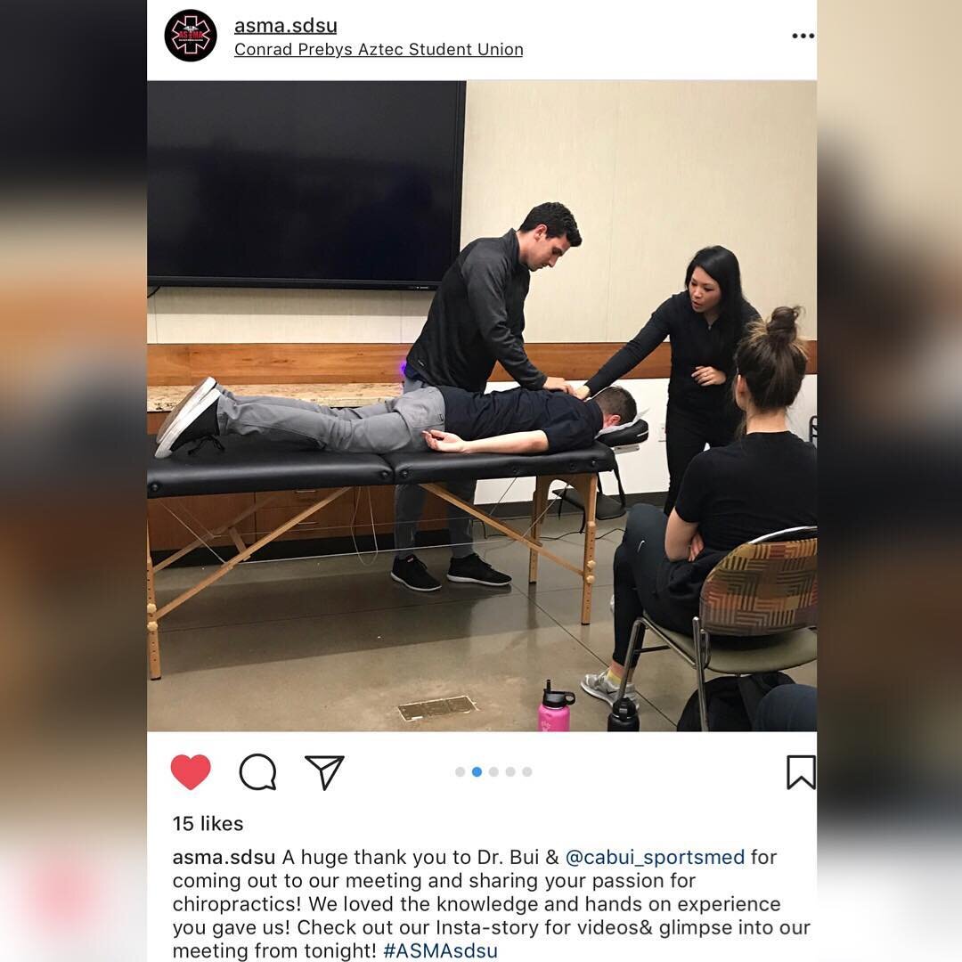 Had the pleasure to come out and talk to the young minds involved in Sports Medicine at San Diego State University tonight. What a great time showing them a little bit of what this #chirolife is all about. Thank you for having me @asma.sdsu! And a bi