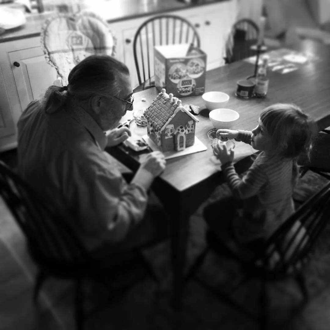   Phoebe &amp; Grandpa. Making a Gingerbread House. 12-15-15.  