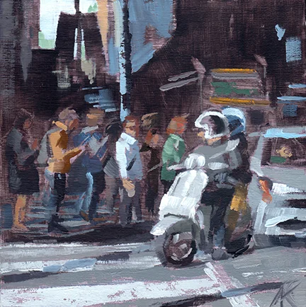 A Couple on a Vespa and a Yellow Truck