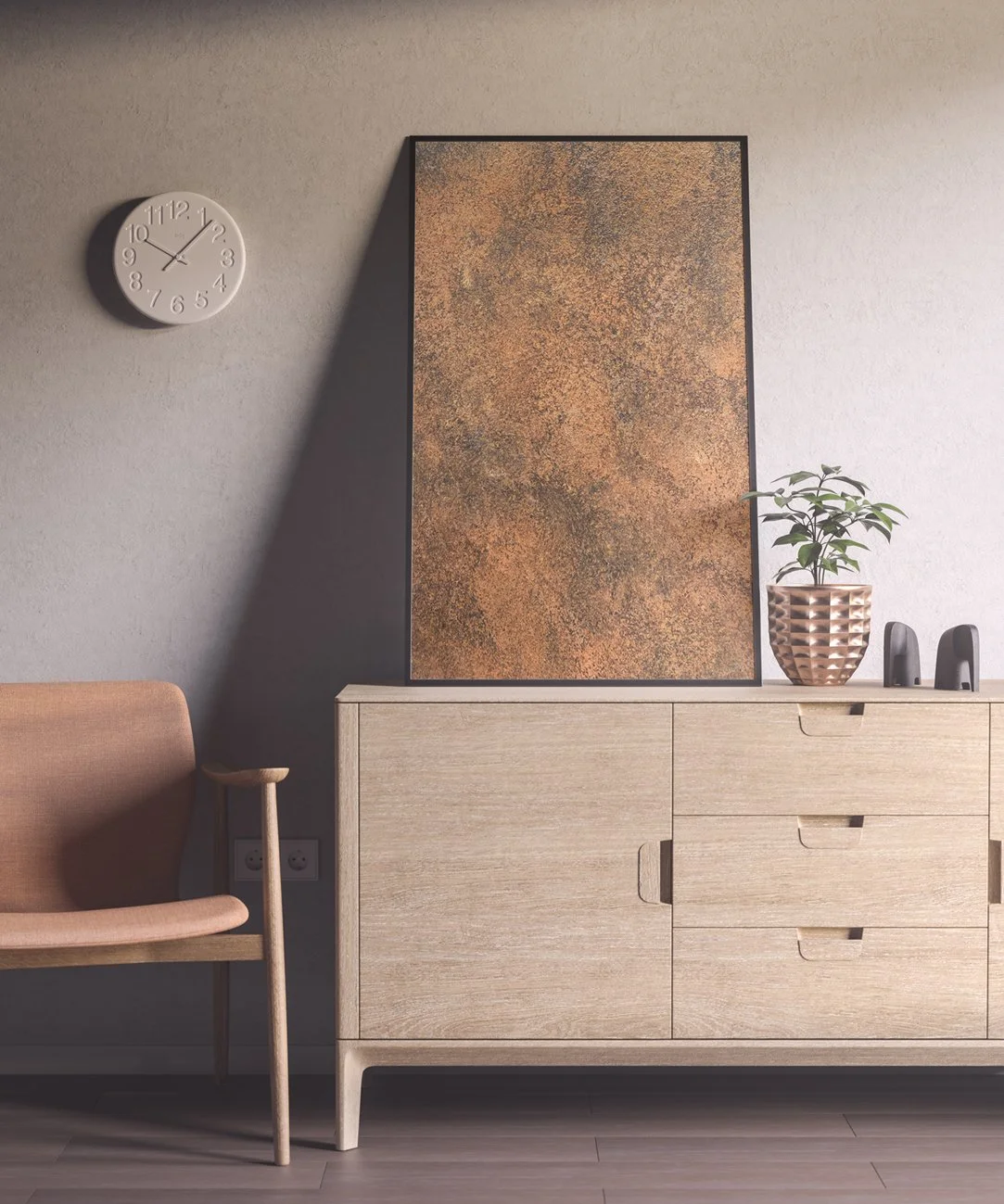 A minimalist interior with a wooden chair, a wall clock, a light-colored wooden sideboard, a potted plant, and decorative objects.