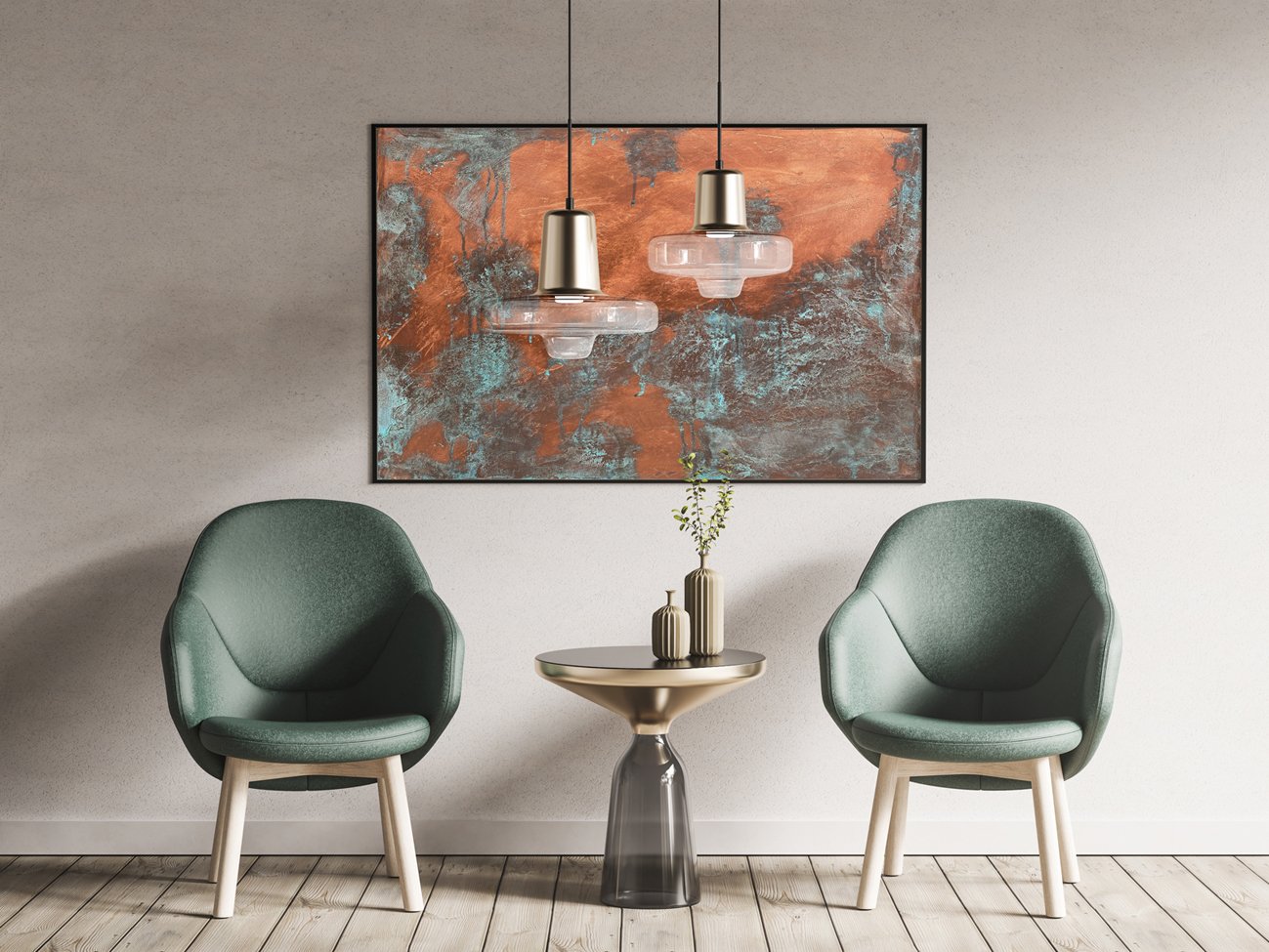 Living room corner with two green armchairs, a small round table with vases and plant, wall art with abstract earth tones, and hanging pendant lights.