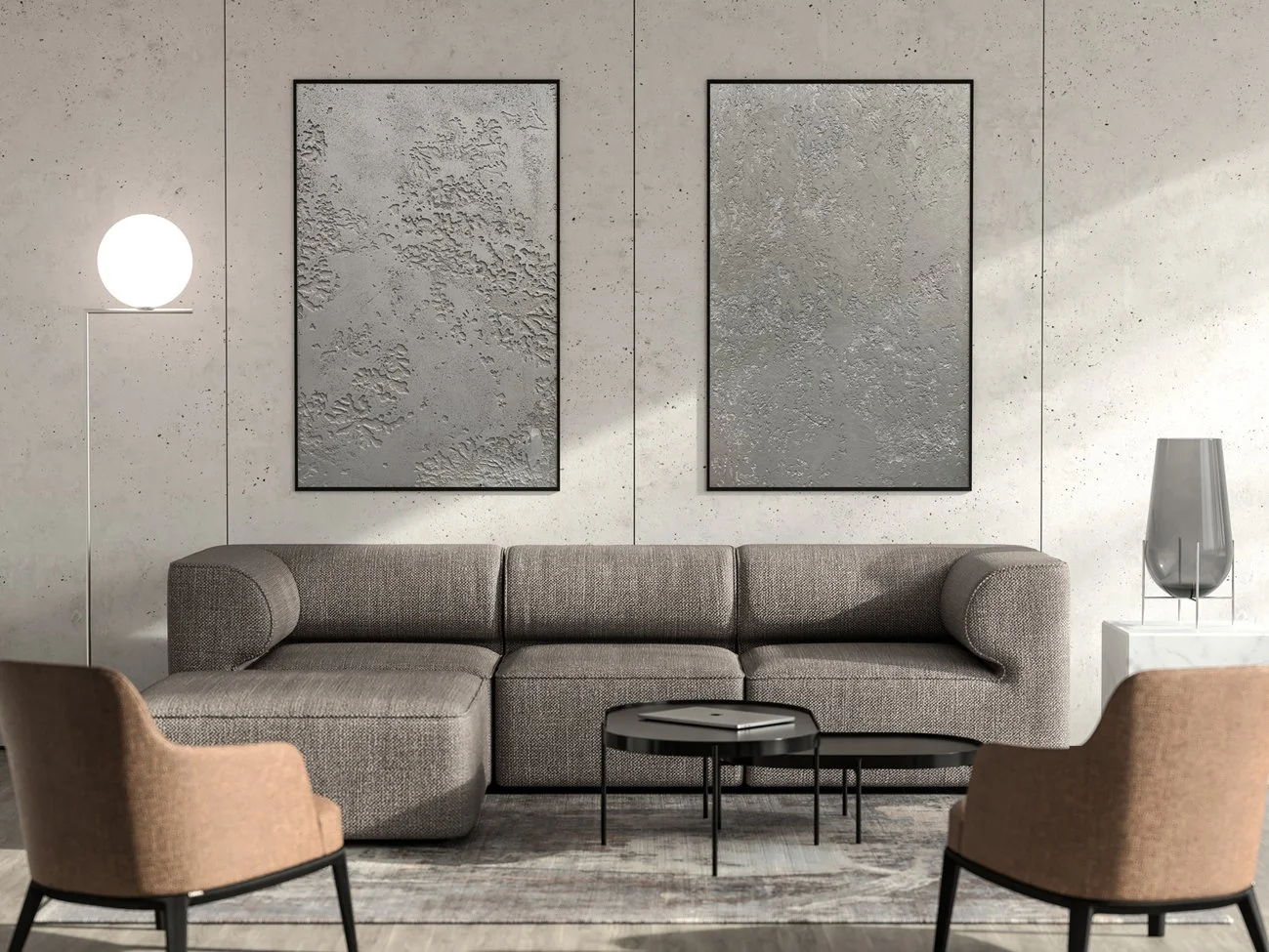 Modern living room with a gray sectional sofa, two beige chairs, black coffee tables, abstract wall art, a tall lamp, and a glass vase on a white side table.