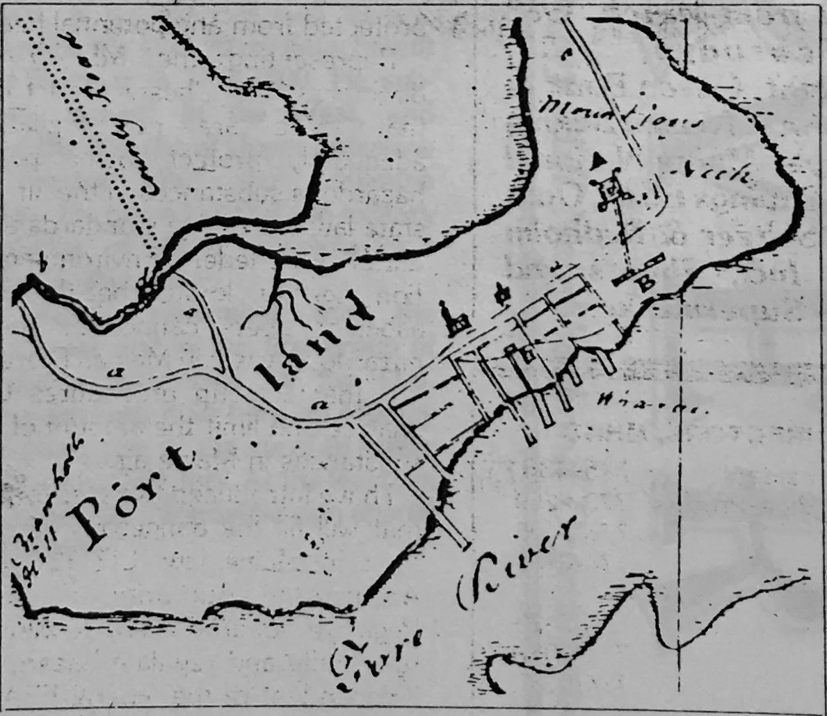 1795 Map of Portland (portion). Legend reads: A to B — Fort with Block House. Covered way from Fort to Battery. Battery of 12 Guns. (Click to enlarge.)