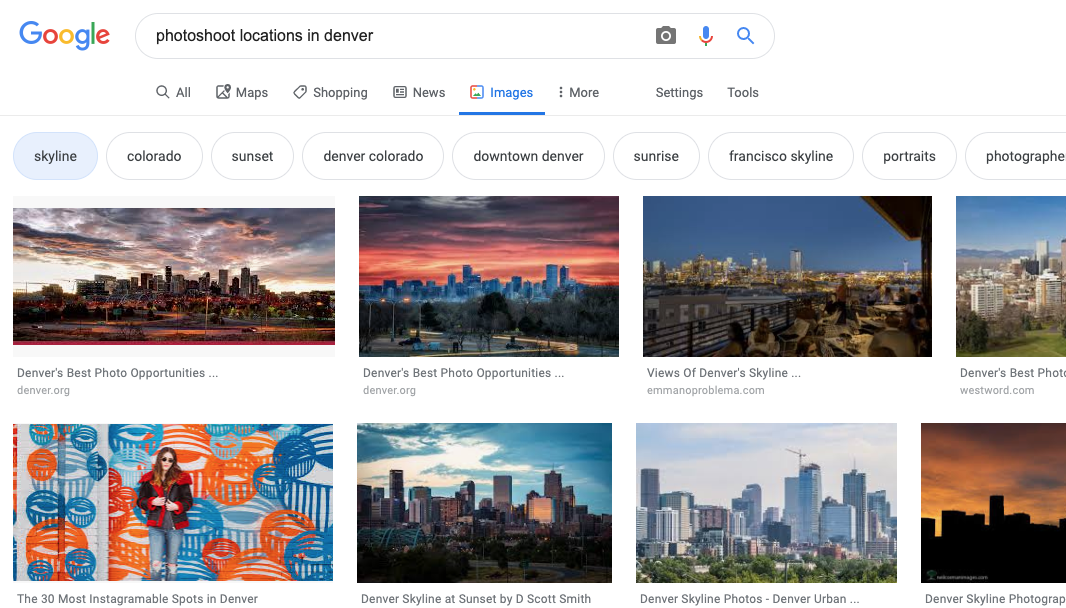 recommendations are listed in bubbles at the top. Clicking on “skyline” took me to blogs that show the best Denver skyline opportunities. 
