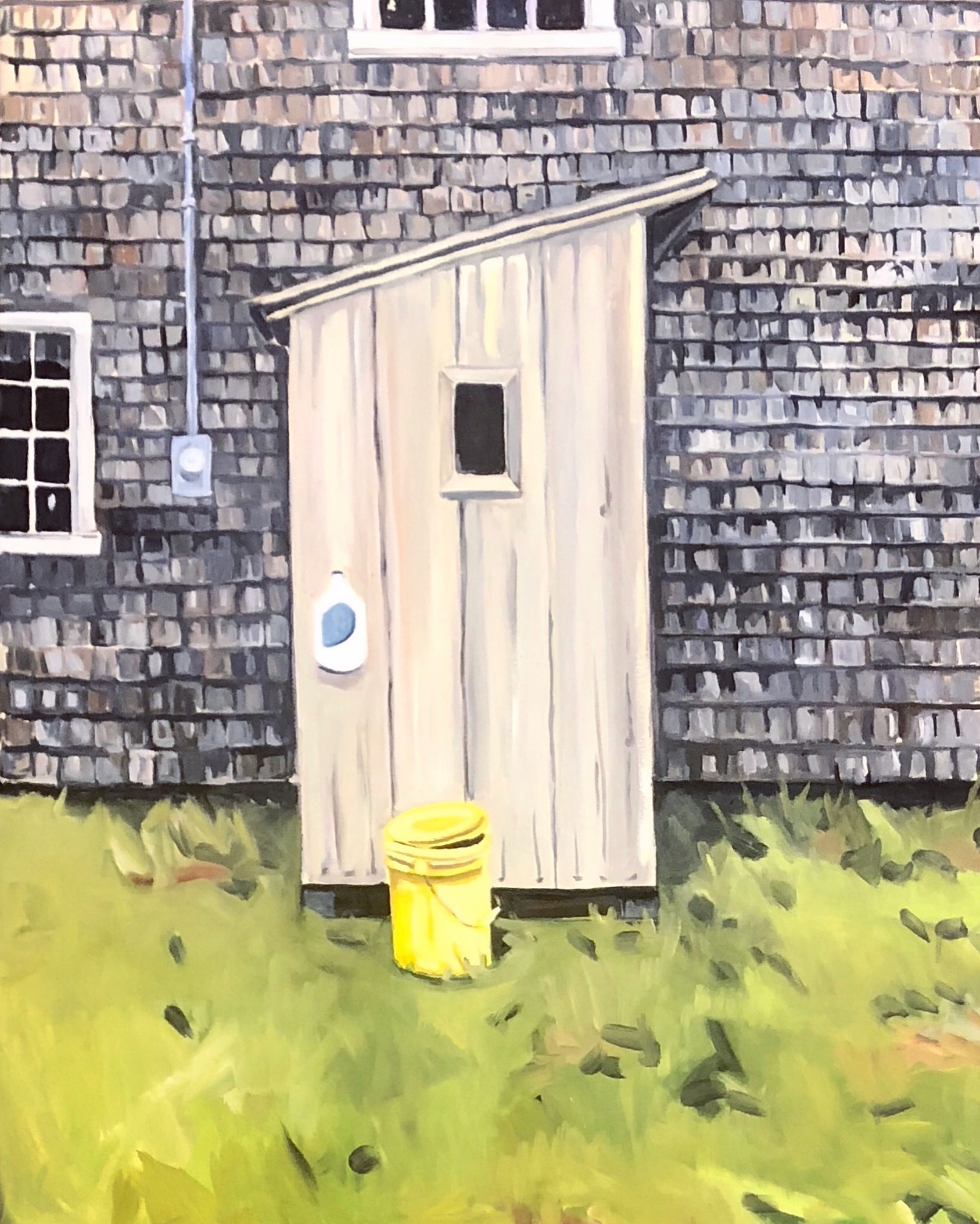 Outhouse with Yellow Bucket, Oil on Canvas, 36"x50", SOLD