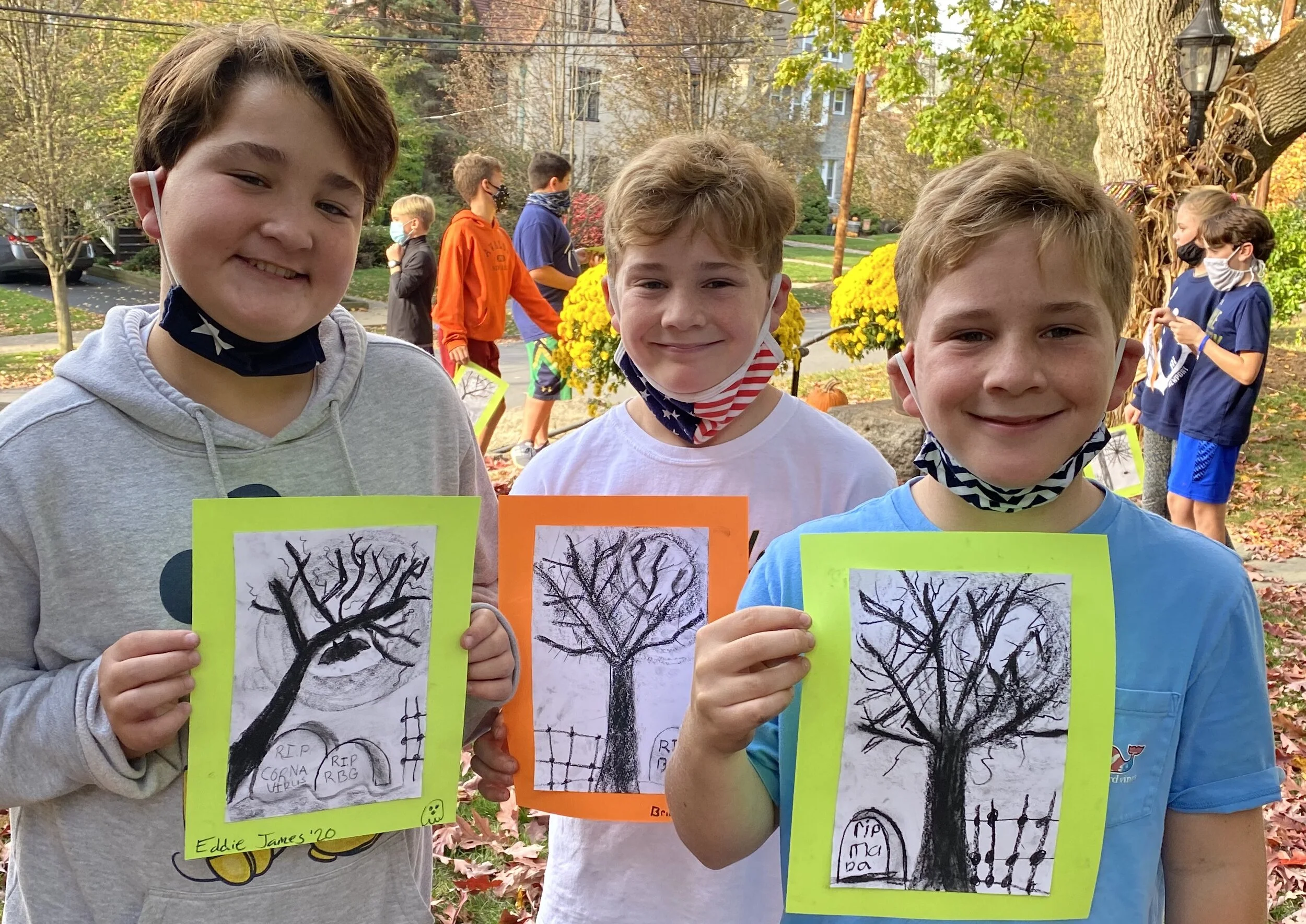 Bare trees and tombstones in charcoal