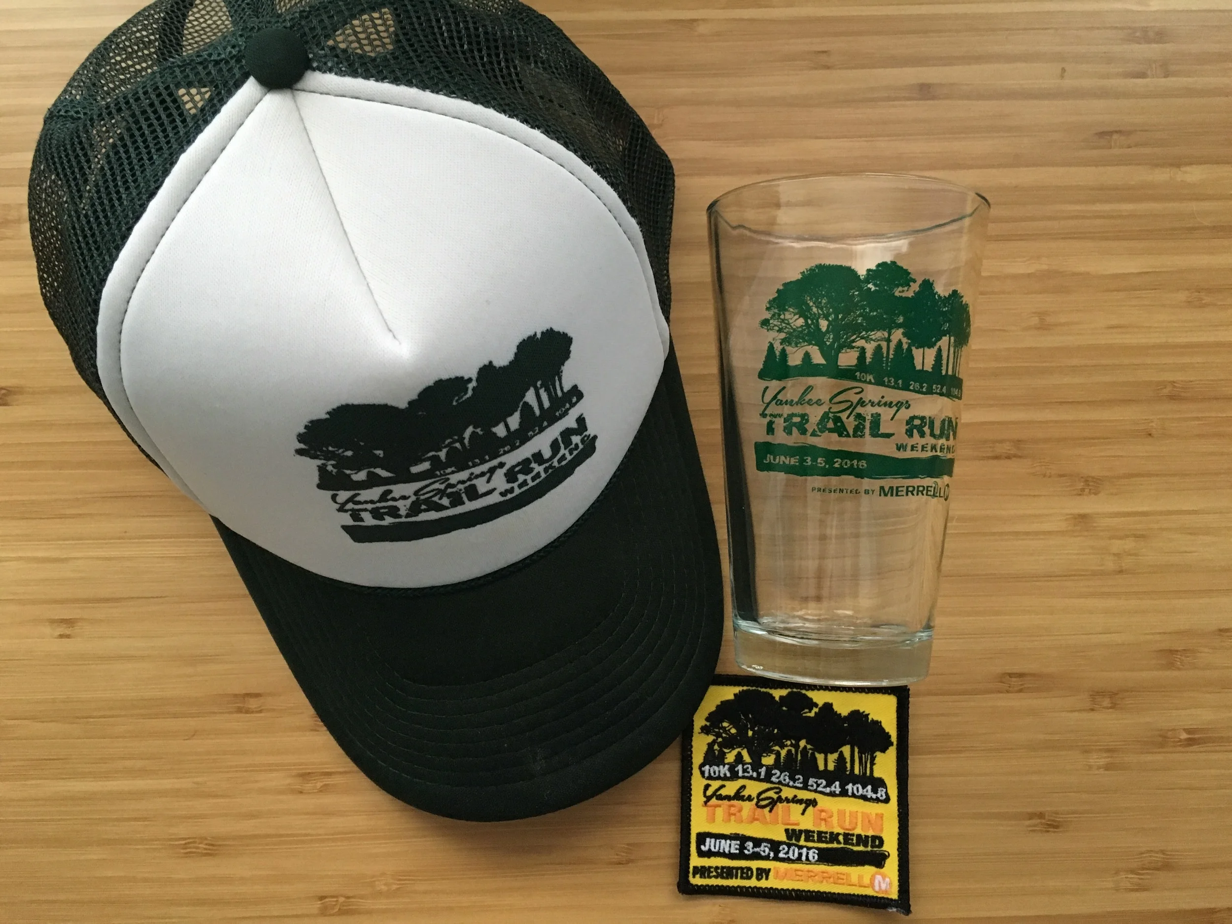 Actually useful race swag (hat, glass, and patch) instead of medal. Thanks!
