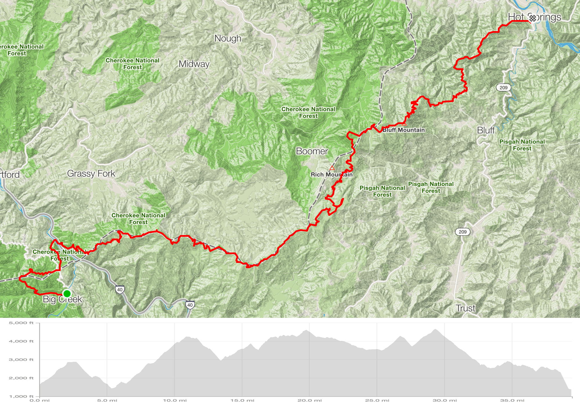 Route and elevation from Big Creek Ranger Station to Hot Springs (40 miles & 10,000 ft gain)