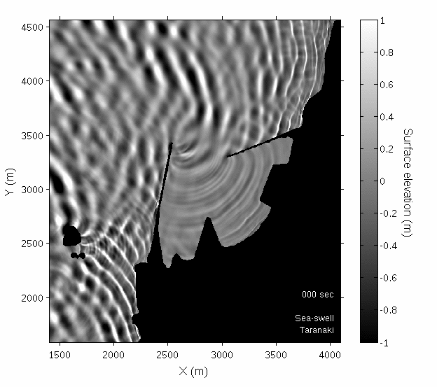 Wave model showing swell wave penetration to Port Taranaki. Longwaves are generated by these swell waves. 