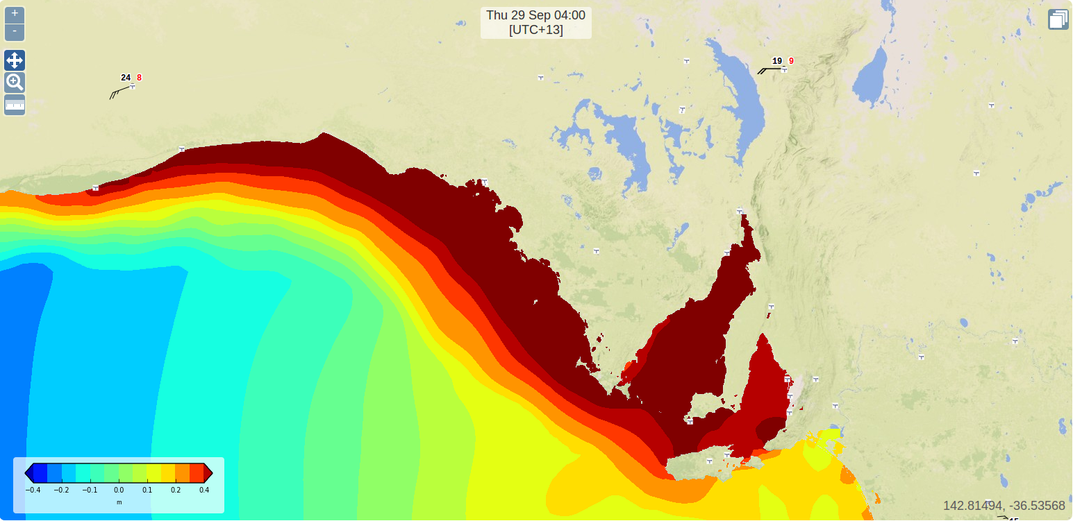MetOceanView screenshot showing the extreme storm surges (height in m) forecast for Port Adelaide yesterday as a result of the storm.