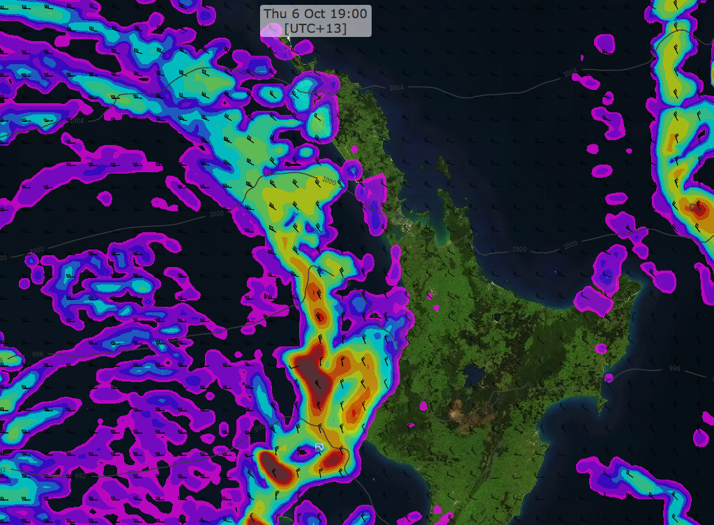 The forecasted trough over the North Island, as seen in MetOceanView.