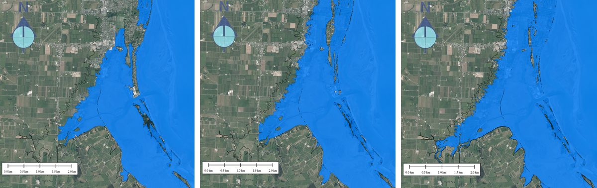 Inundation levels for a 3.5 m combined Sea Level Rise + Storm Tide + Mean High Water Springs for the first high-tide stand (left), a high-tide stand 6-days later (centre) and assuming all land sub 3.5 m becomes inundated (right). 