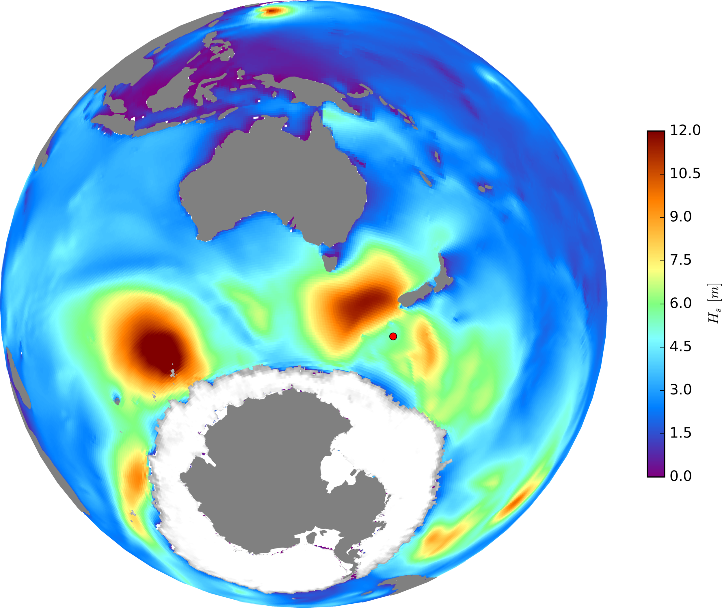 The buoy will provide essential data about waves in the rarely studied Southern Ocean. Plot shows wave height in metres; the red dot marks the wave buoy location.